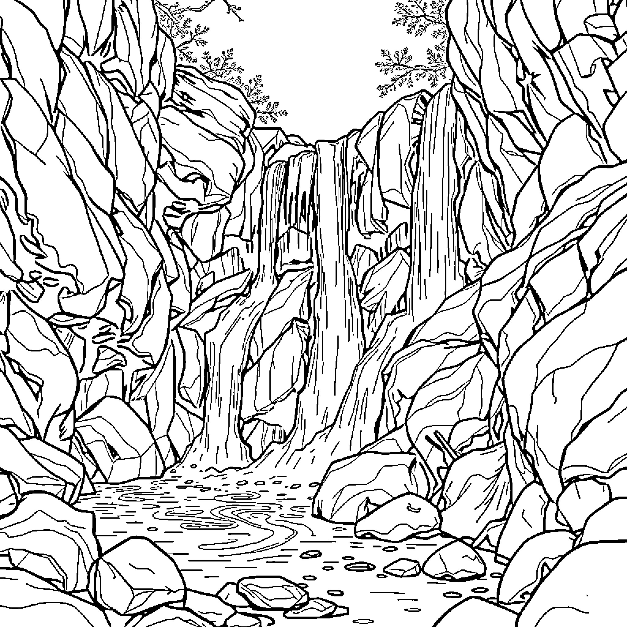 Coraline exploring a magical forest waterfall Coloring Page (free black-and-white line drawing printable PDF for all, from beginners to advanced learners, including children, teens, adults, and seniors)