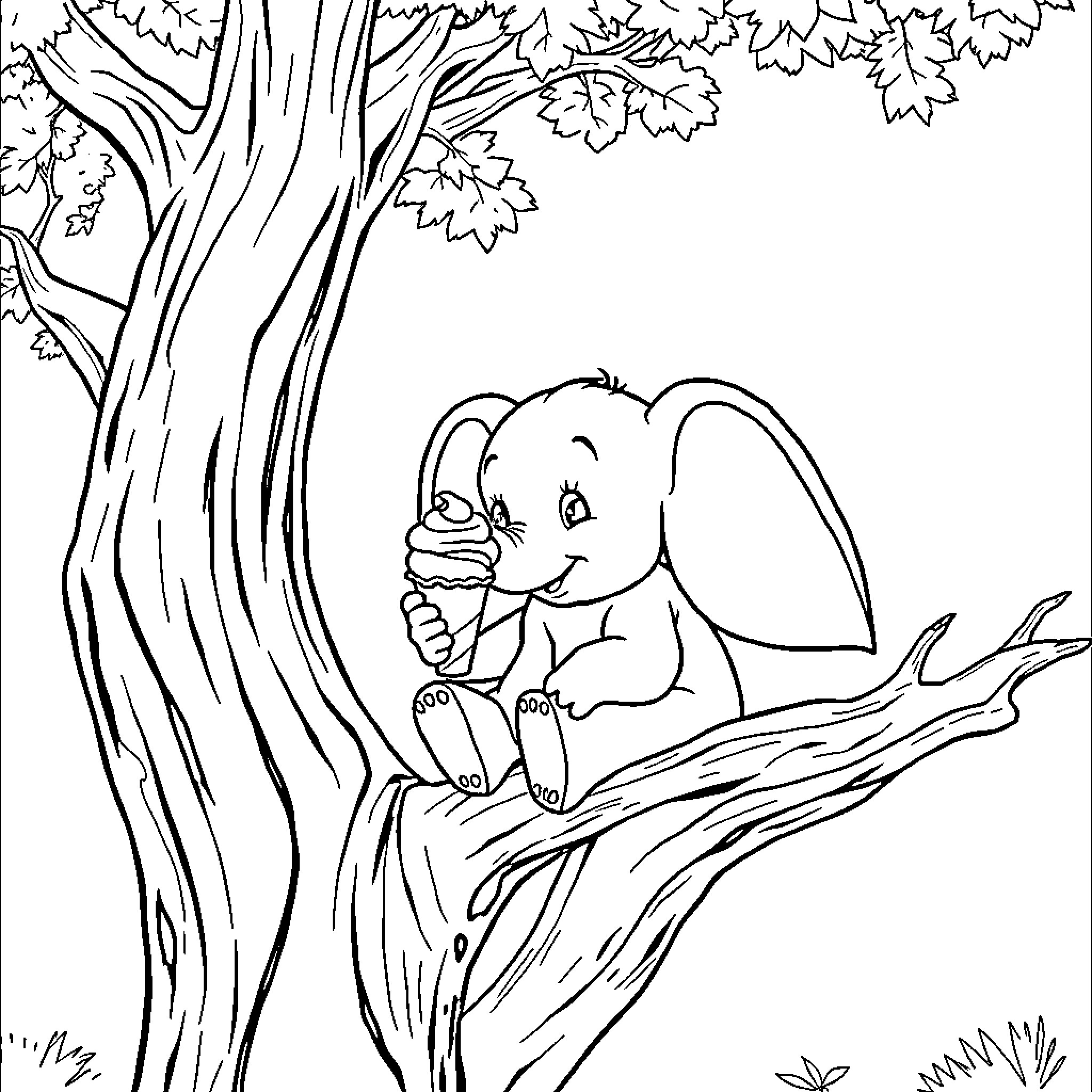 Dumbo the elephant relaxing in a tree Coloring Page (free black-and-white line drawing printable PDF for all, from beginners to advanced learners, including children, teens, adults, and seniors)