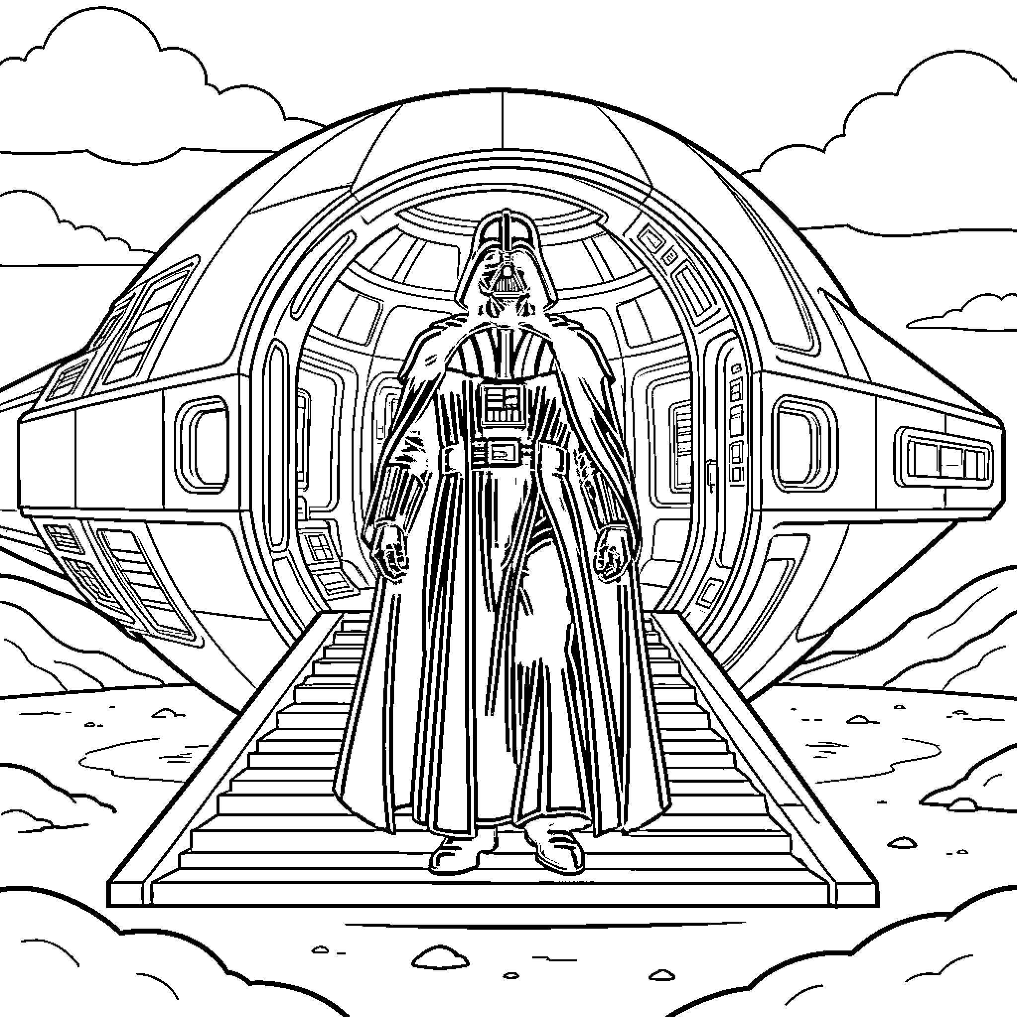 Darth Vader standing majestically in a spaceship doorway Coloring Page (free black-and-white line drawing printable PDF for all, from beginners to advanced learners, including children, teens, adults, and seniors)