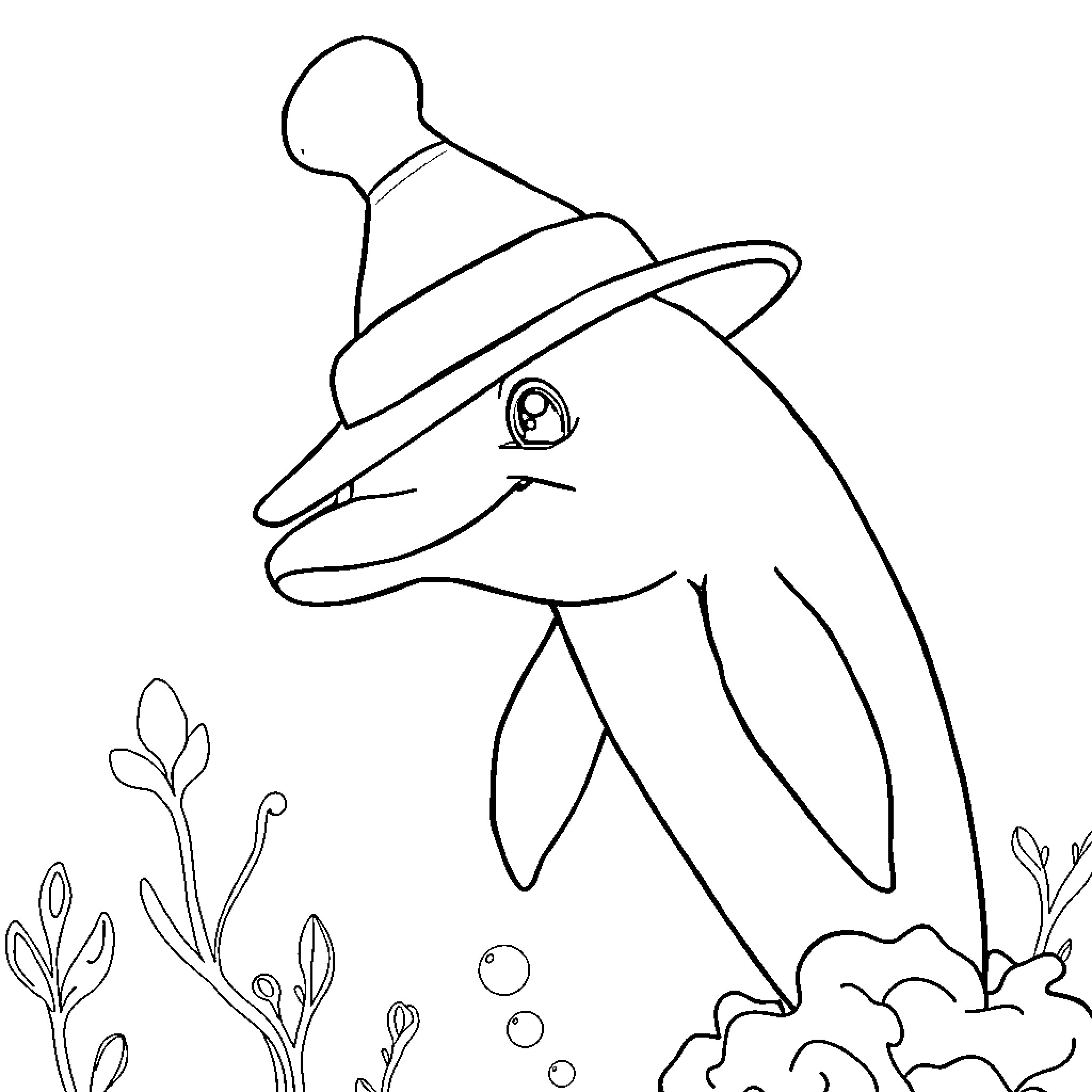 Dolphin wearing a party hat underwater Coloring Page (free black-and-white line drawing printable PDF for all, from beginners to advanced learners, including children, teens, adults, and seniors)