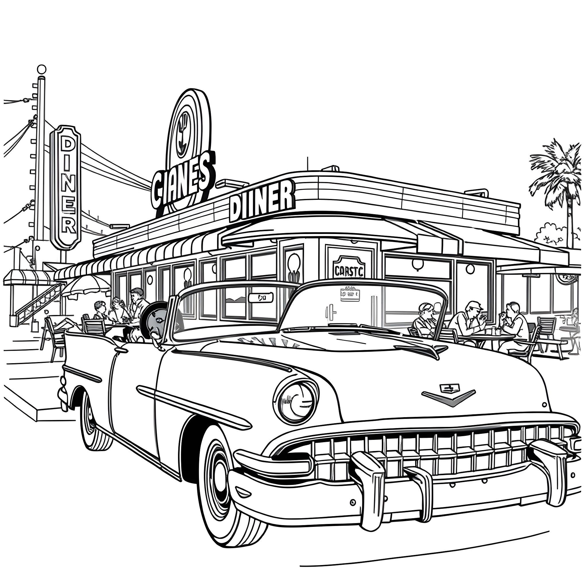 Car from the 1950s at a vintage diner Coloring Page (free black-and-white line drawing printable PDF for all, from beginners to advanced learners, including children, teens, adults, and seniors)