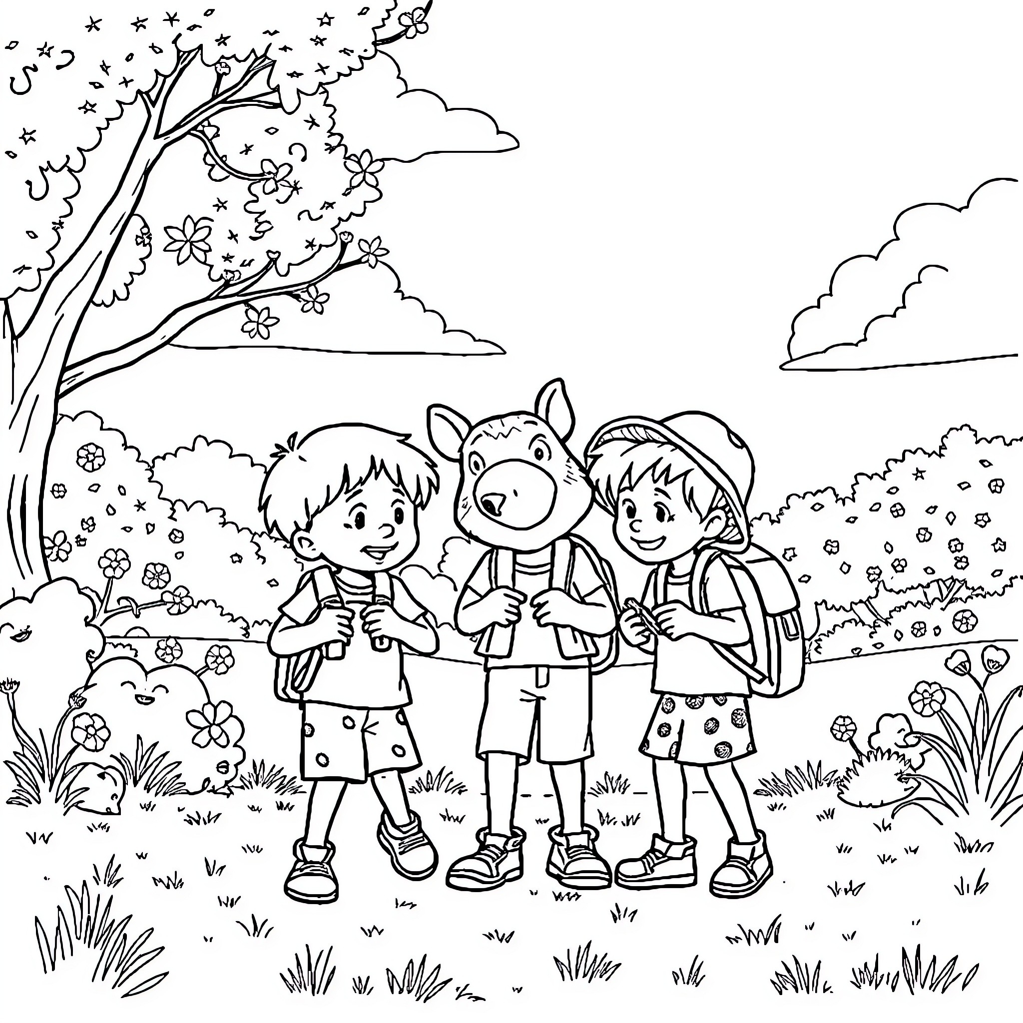 Huntrx Children Explore the Outdoors Together Coloring Page (free black-and-white line drawing printable PDF for all, from beginners to advanced learners, including children, teens, adults, and seniors)