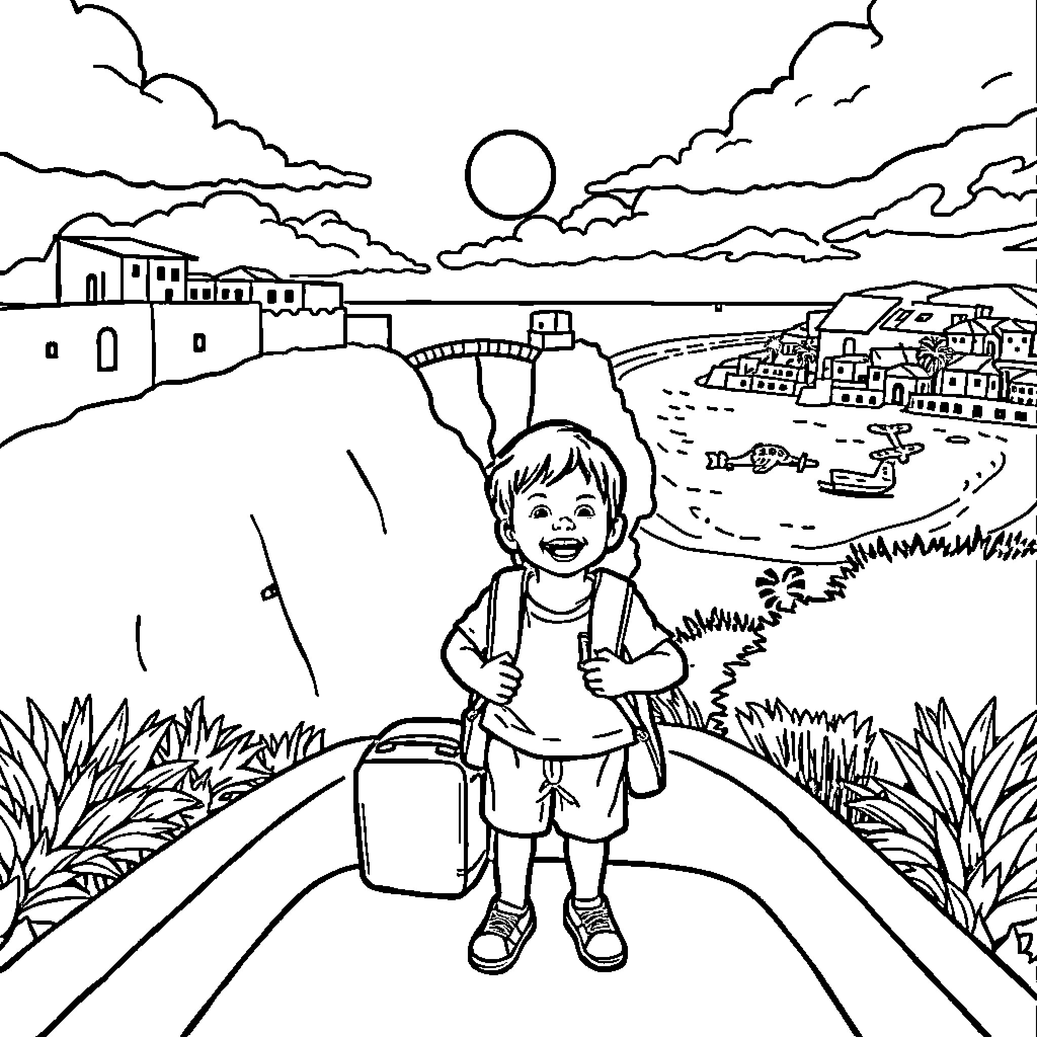 Boy embarking on a journey through scenic countryside Coloring Page (free black-and-white line drawing printable PDF for all, from beginners to advanced learners, including children, teens, adults, and seniors)