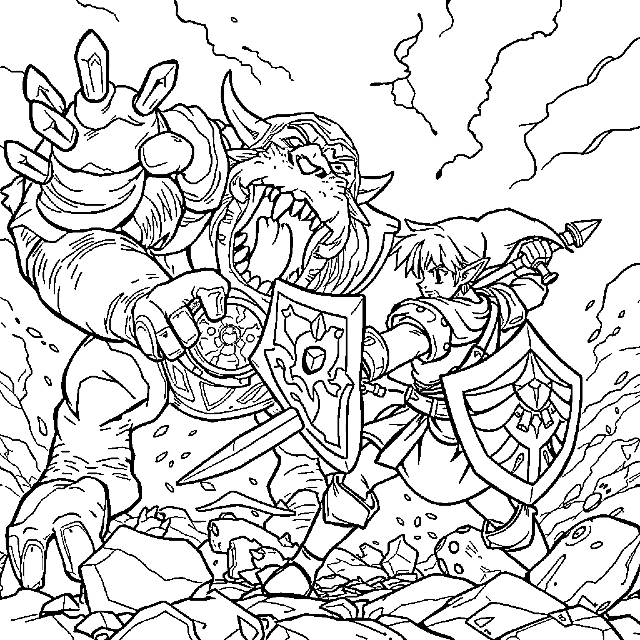 Link Fighting an Intimidating Monster in a Stormy Landscape Coloring Page (free black-and-white line drawing printable PDF for all, from beginners to advanced learners, including children, teens, adults, and seniors)