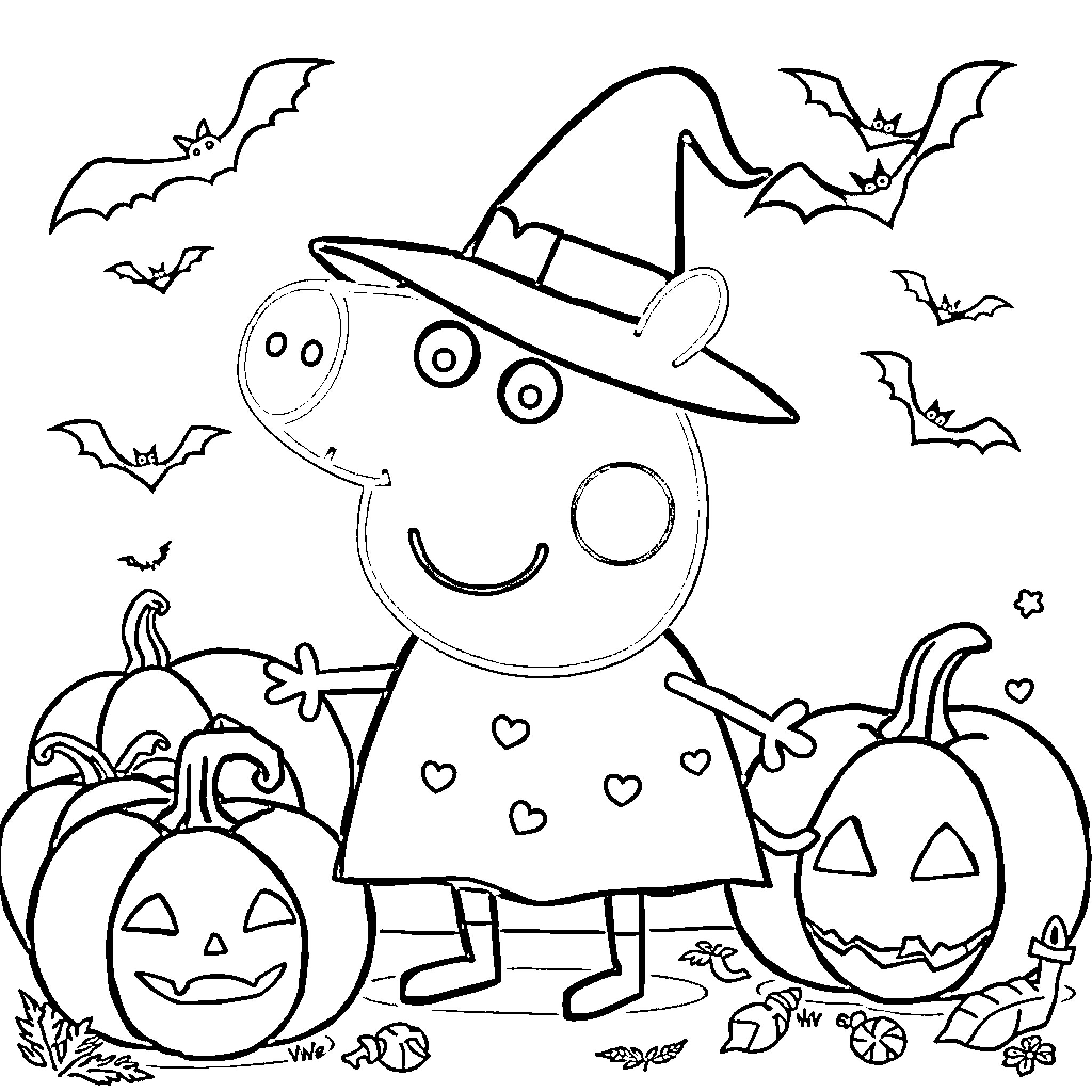 Peppa Pig's Halloween Celebration with Pumpkins and Bats Coloring Page (free black-and-white line drawing printable PDF for all, from beginners to advanced learners, including children, teens, adults, and seniors)