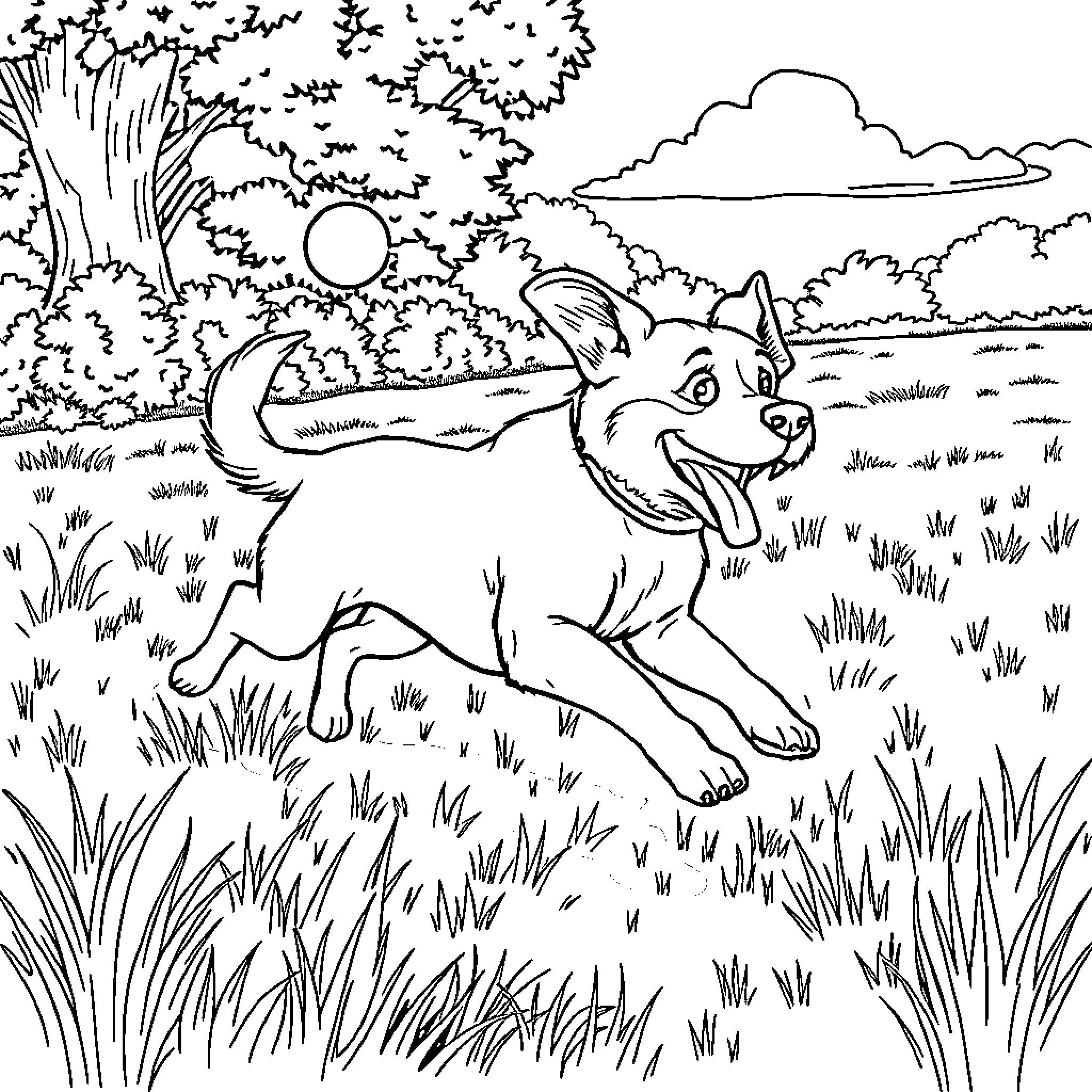 Dog running happily in the park Coloring Page (free black-and-white line drawing printable PDF for all, from beginners to advanced learners, including children, teens, adults, and seniors)