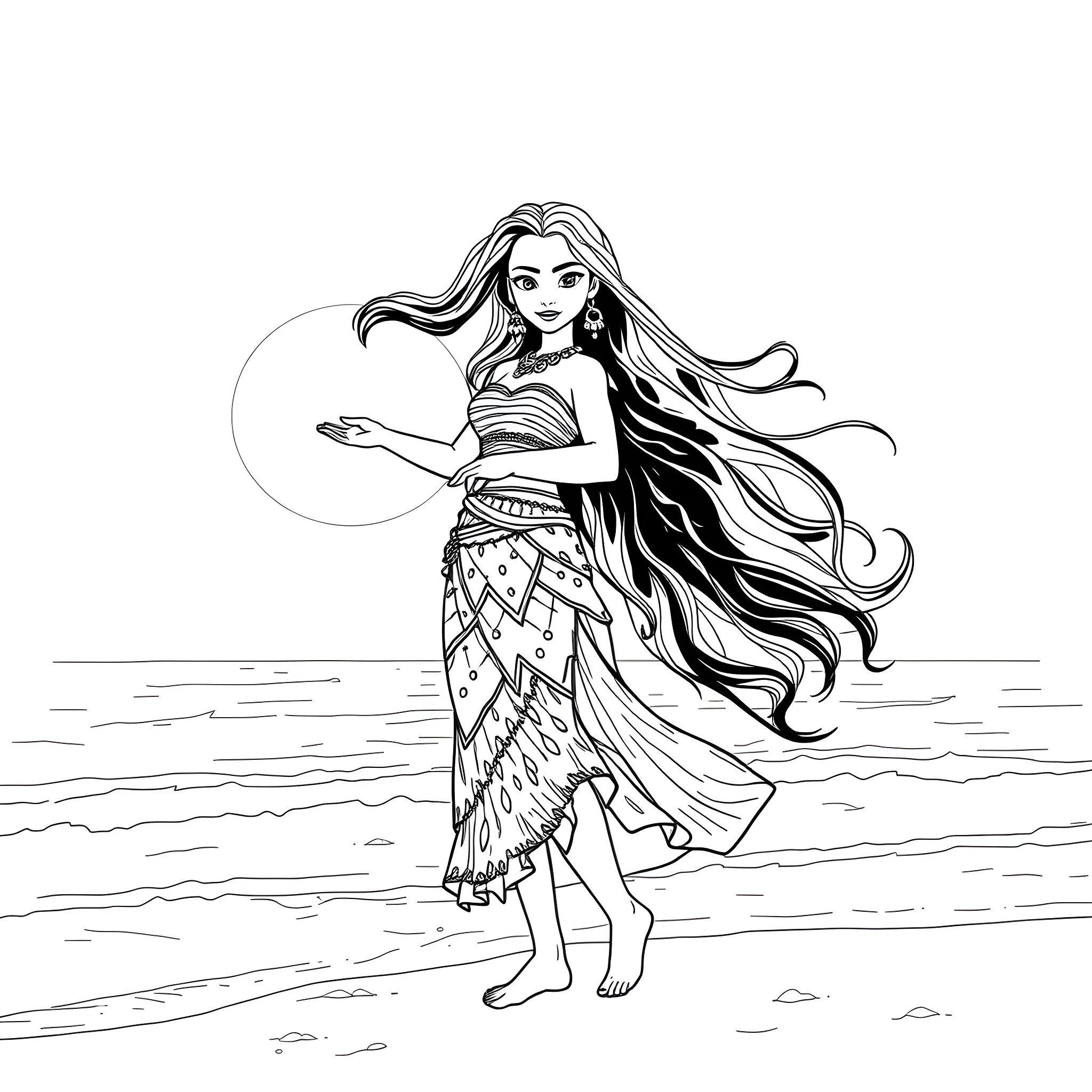 Moana exploring the ocean with flowing dress Coloring Page (free black-and-white line drawing printable PDF for all, from beginners to advanced learners, including children, teens, adults, and seniors)