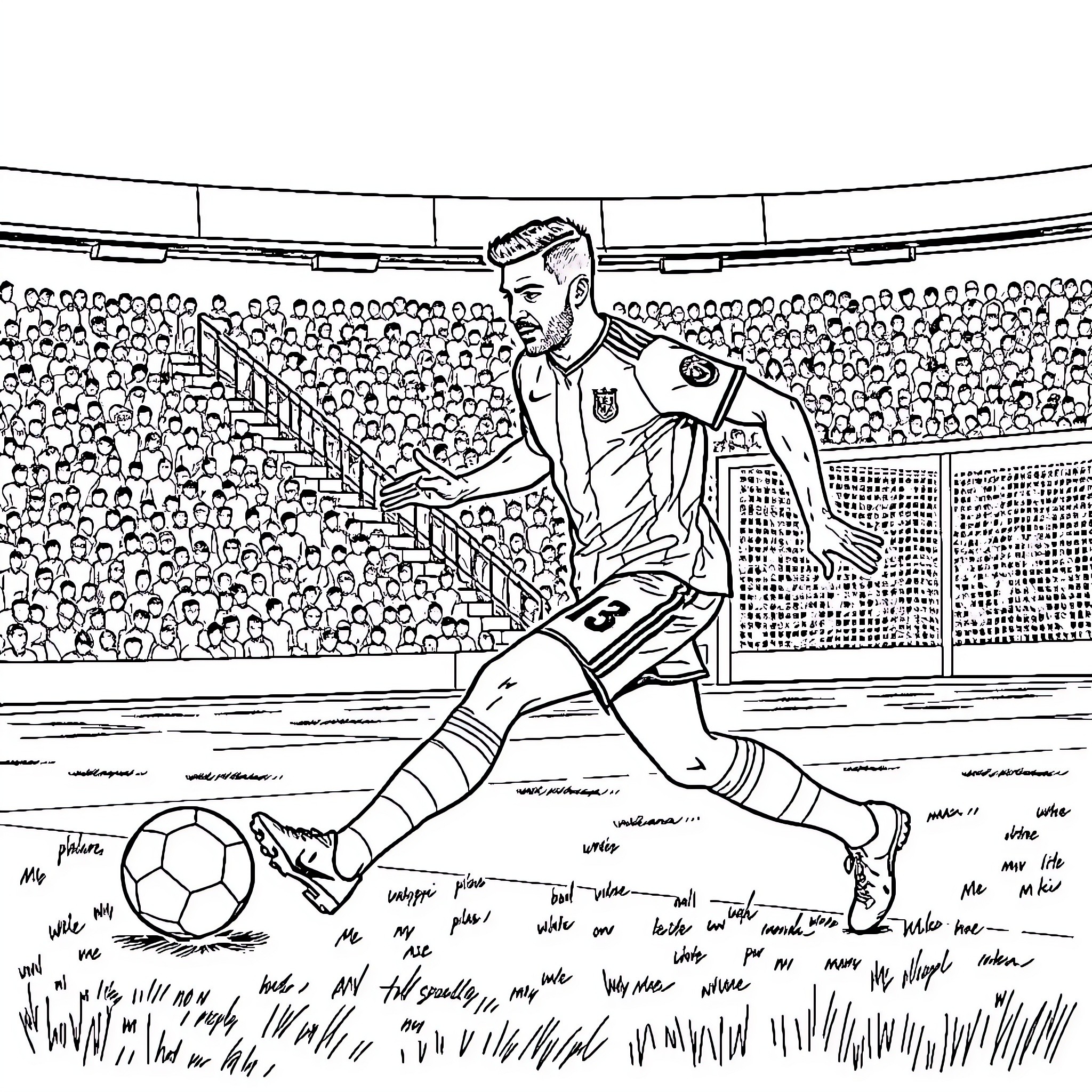 Mahrez kicking a soccer ball on the field Coloring Page (free black-and-white line drawing printable PDF for all, from beginners to advanced learners, including children, teens, adults, and seniors)