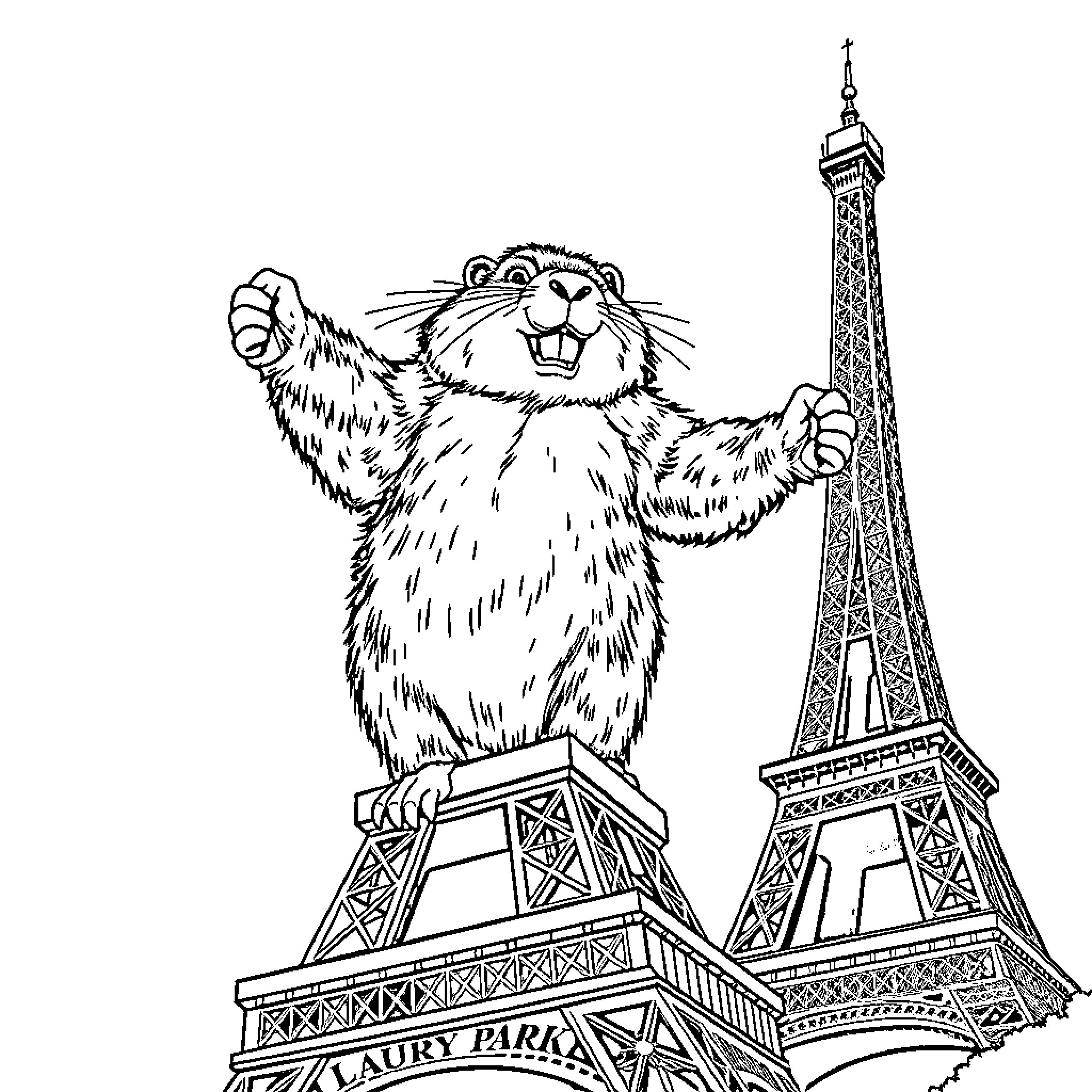 Beaver excitedly exploring the Eiffel Tower in Paris Coloring Page (free black-and-white line drawing printable PDF for all, from beginners to advanced learners, including children, teens, adults, and seniors)