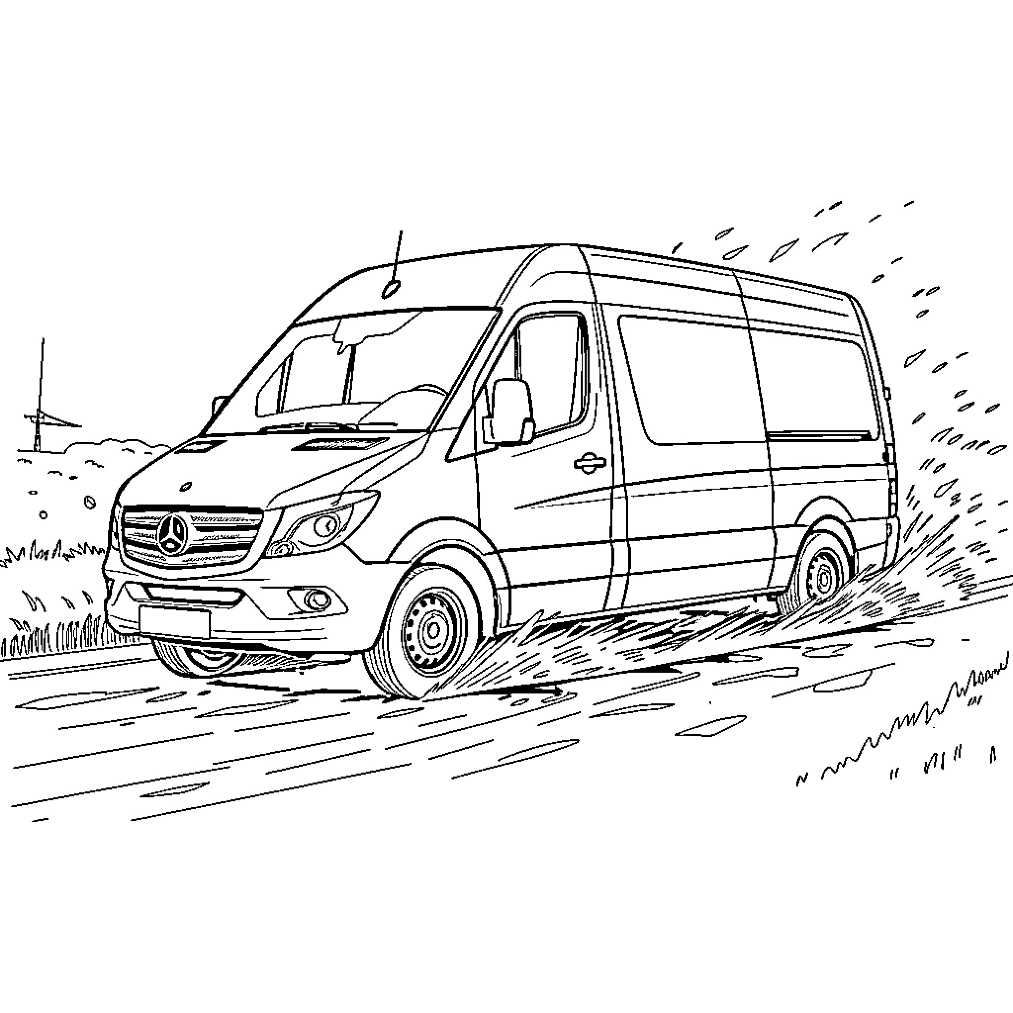 Mercedes Vito van driving through muddy terrain Coloring Page (free black-and-white line drawing printable PDF for all, from beginners to advanced learners, including children, teens, adults, and seniors)