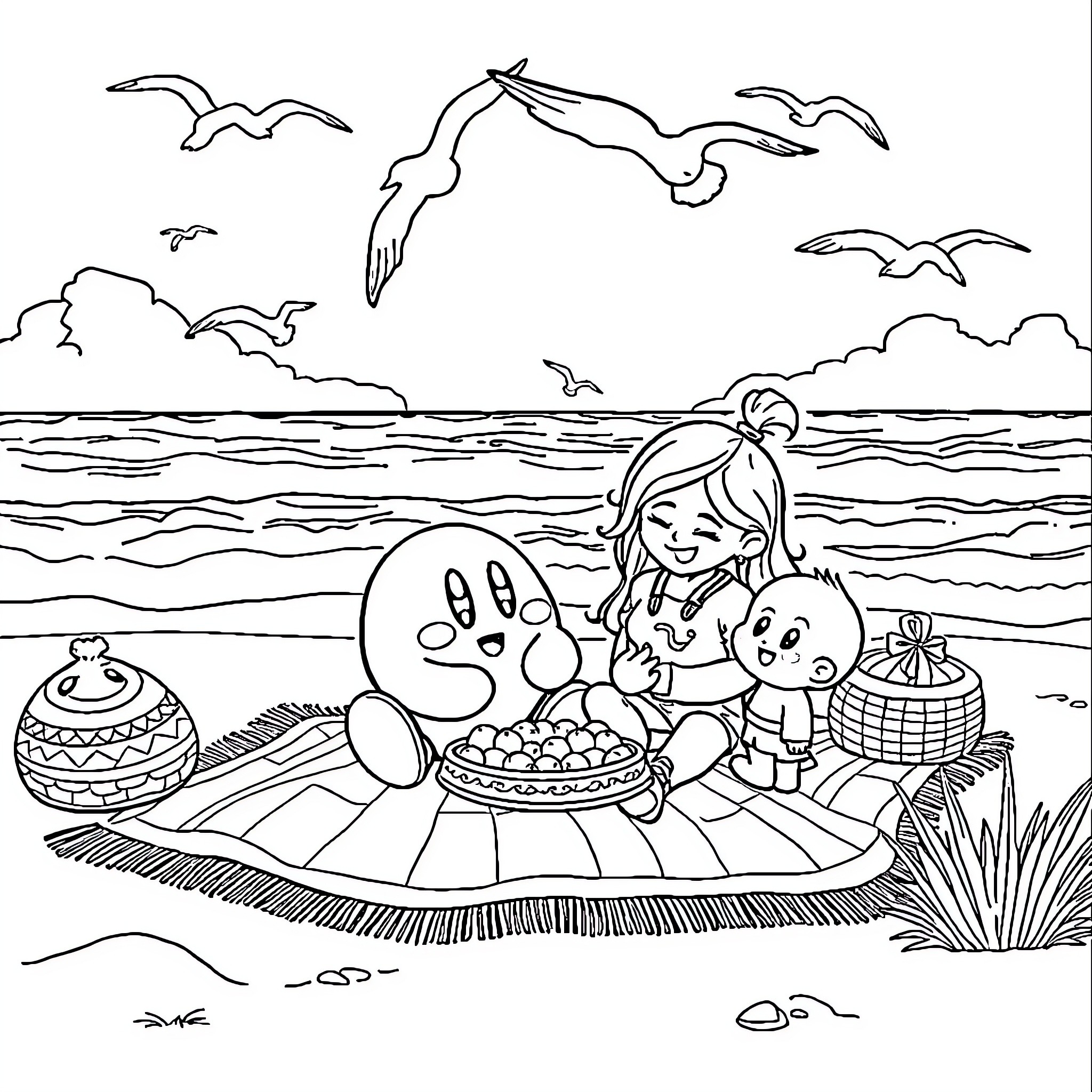Kirby having a picnic with friends by the beach Coloring Page (free black-and-white line drawing printable PDF for all, from beginners to advanced learners, including children, teens, adults, and seniors)