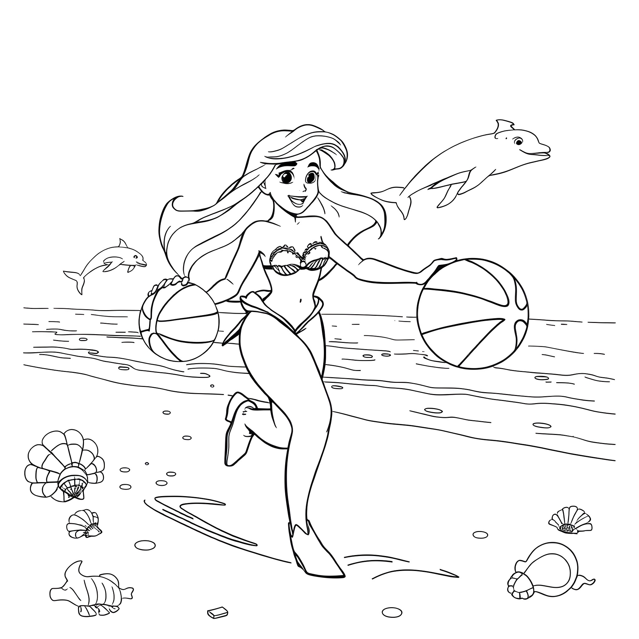 Ariel playing with beach balls and dolphins Coloring Page (free black-and-white line drawing printable PDF for all, from beginners to advanced learners, including children, teens, adults, and seniors)