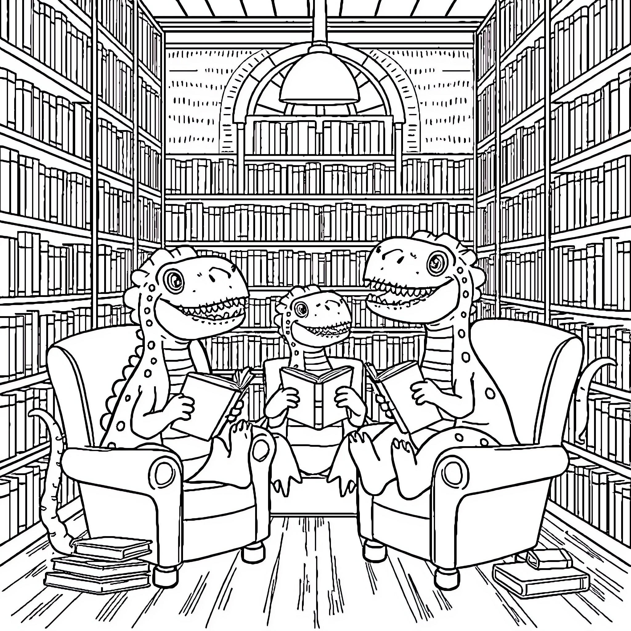 Dinosaur friends reading books in a library Coloring Page (free black-and-white line drawing printable PDF for all, from beginners to advanced learners, including children, teens, adults, and seniors)