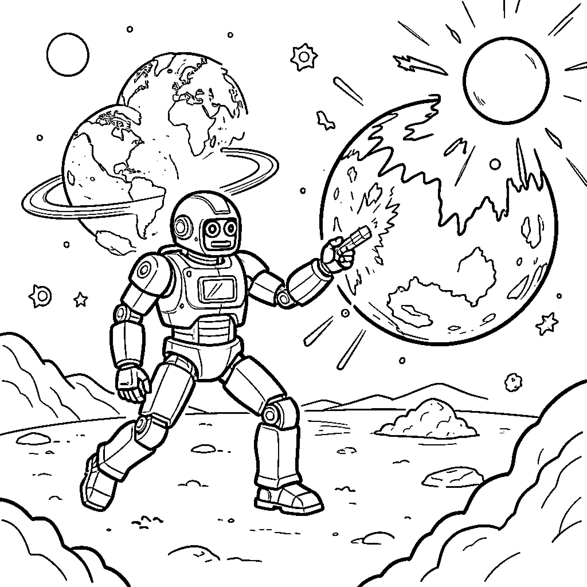 Robot shooting a laser at a celestial body Coloring Page (free black-and-white line drawing printable PDF for all, from beginners to advanced learners, including children, teens, adults, and seniors)