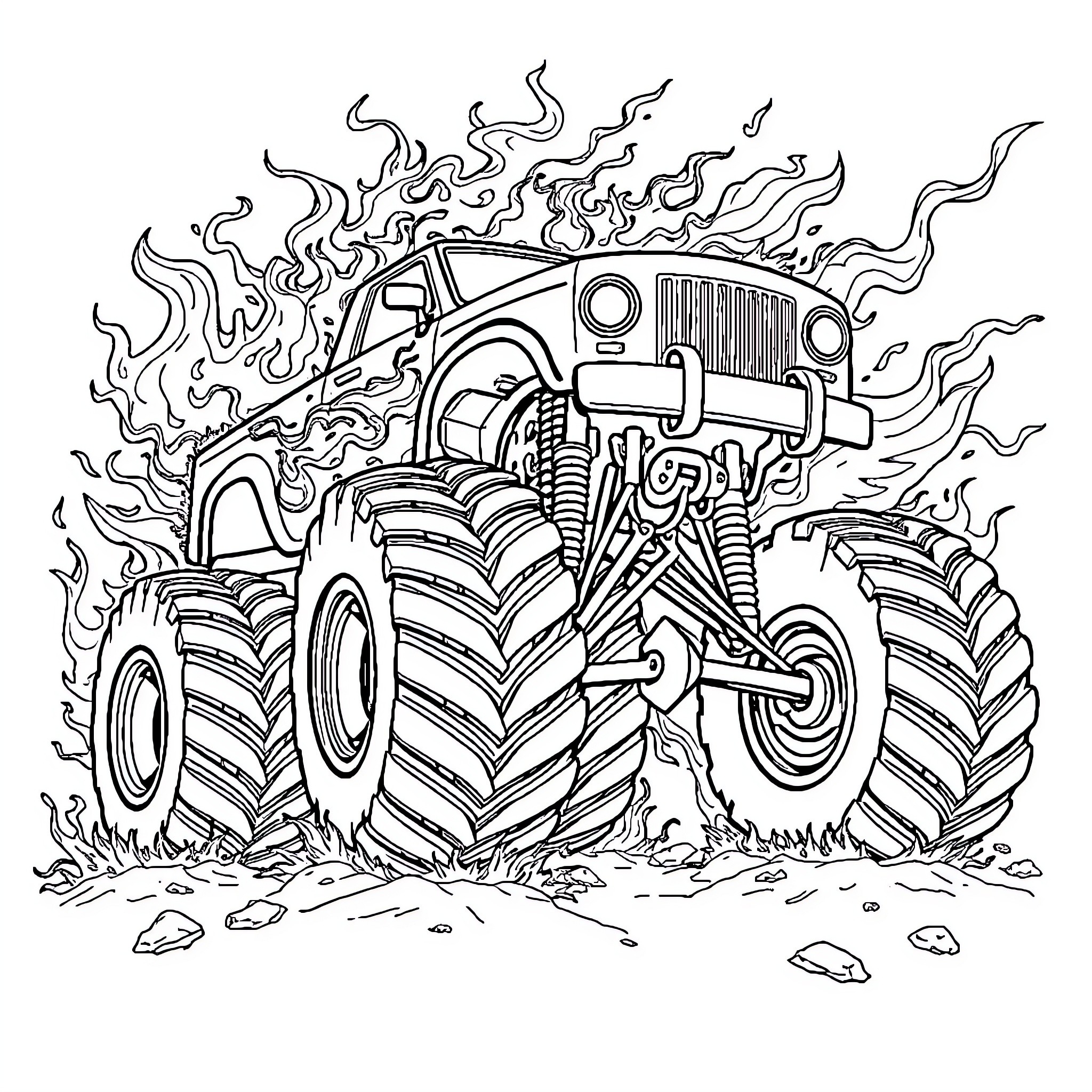 Monster Truck Crushing Through the Terrain Coloring Page (free black-and-white line drawing printable PDF for all, from beginners to advanced learners, including children, teens, adults, and seniors)