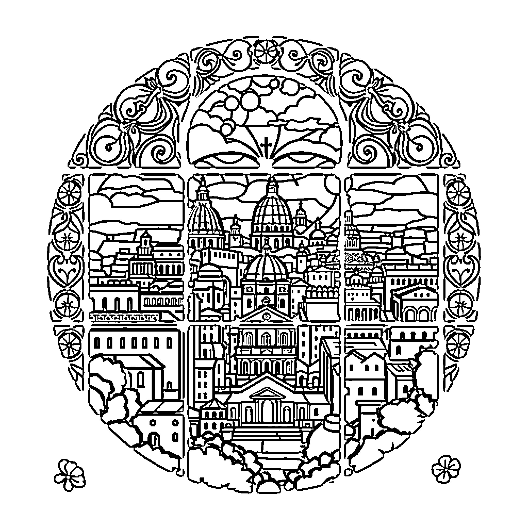 Stained Glass Cityscape with Ornate Design Coloring Page (free black-and-white line drawing printable PDF for all, from beginners to advanced learners, including children, teens, adults, and seniors)