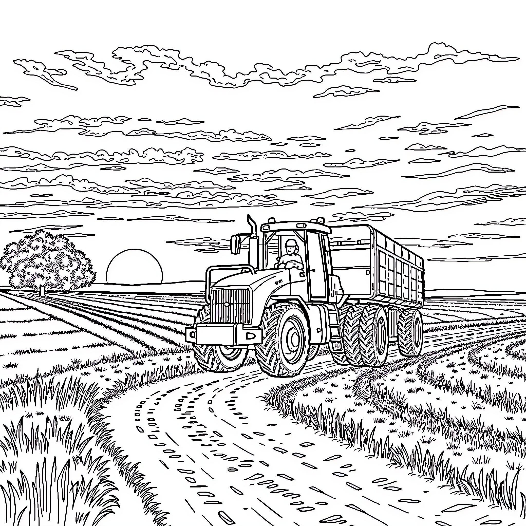 Tractor hauling a large agricultural trailer in a rural landscape Coloring Page (free black-and-white line drawing printable PDF for all, from beginners to advanced learners, including children, teens, adults, and seniors)