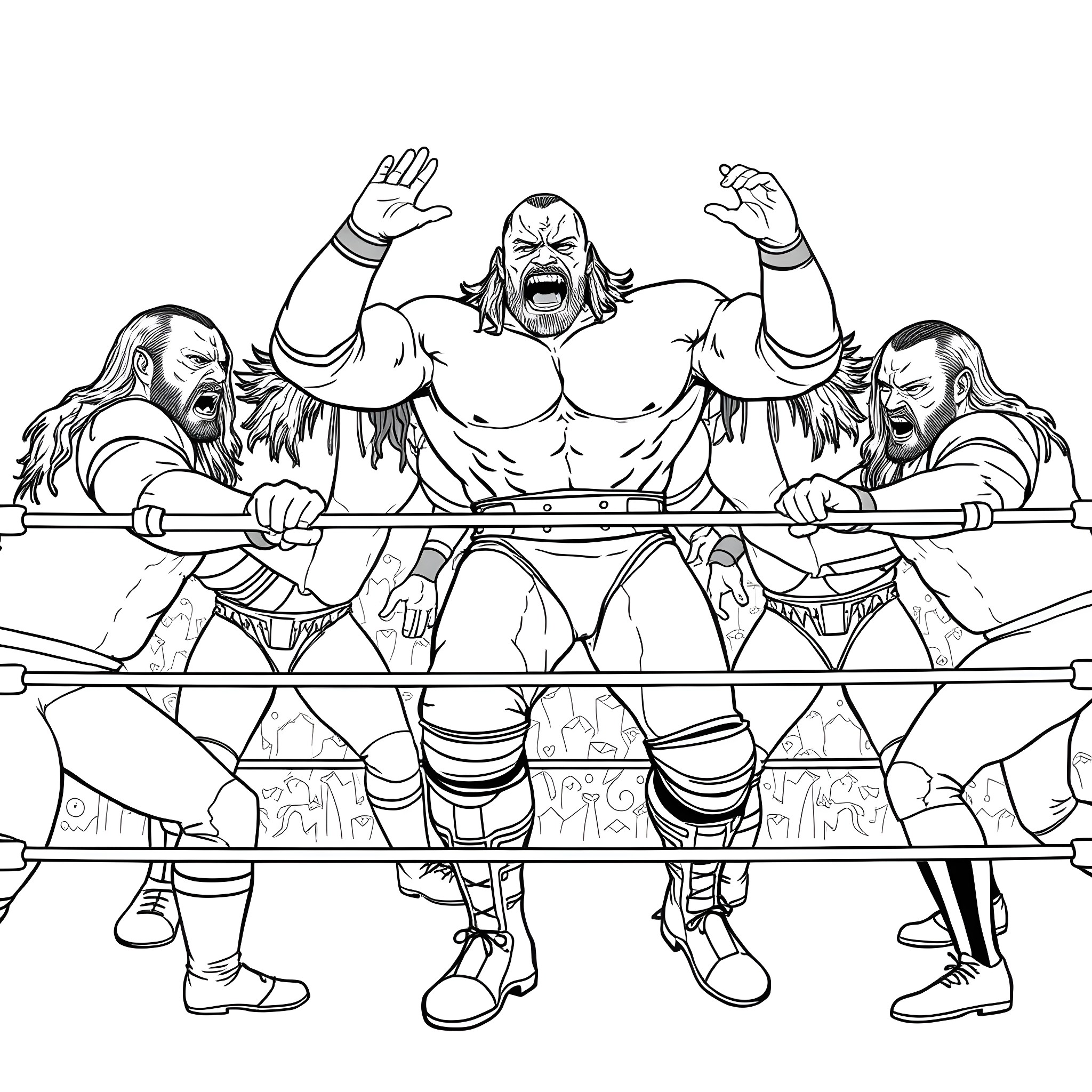 Kane's Triumphant Wrestling Victory Coloring Page (free black-and-white line drawing printable PDF for all, from beginners to advanced learners, including children, teens, adults, and seniors)