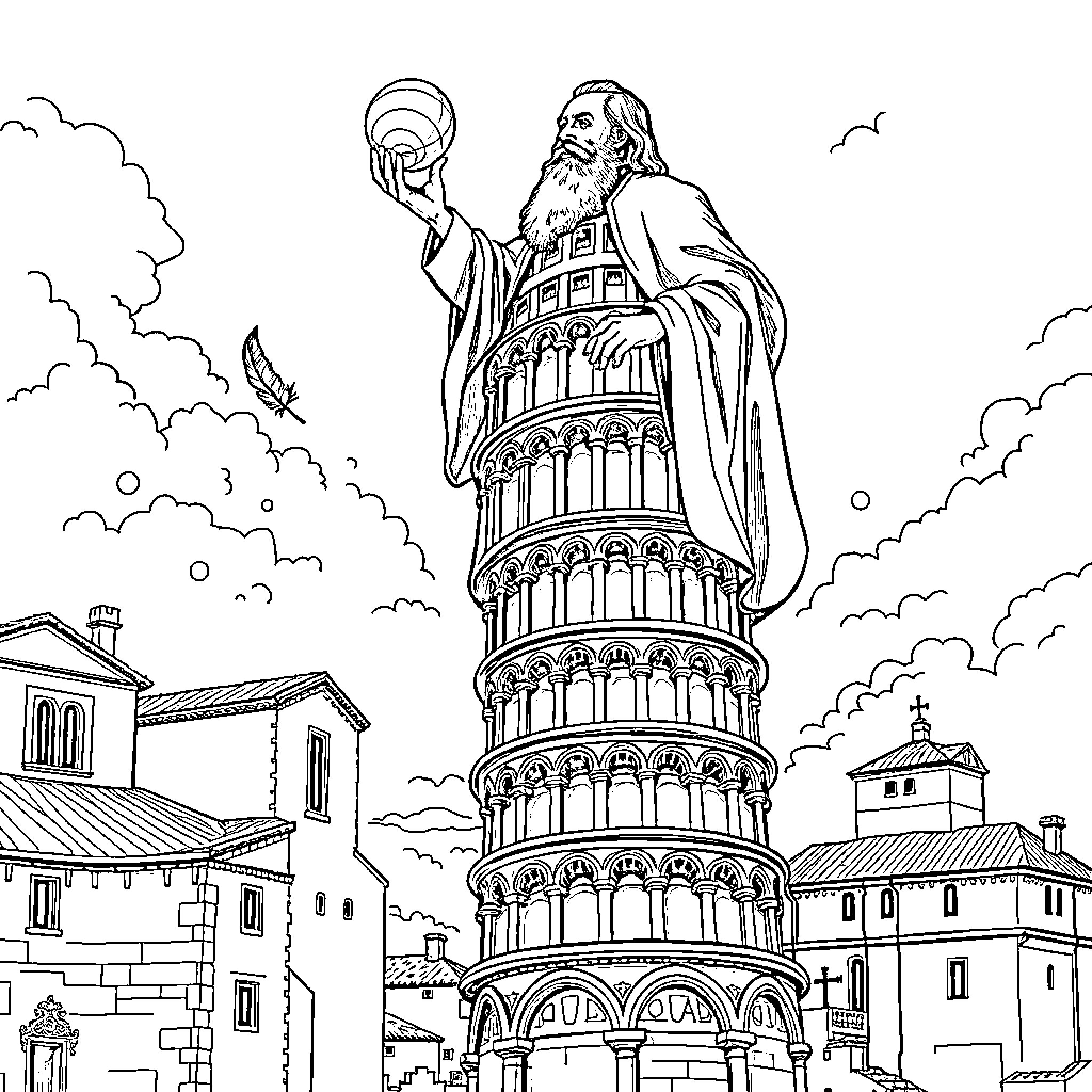 Galileo Gazing at the Leaning Tower of Pisa Coloring Page (free black-and-white line drawing printable PDF for all, from beginners to advanced learners, including children, teens, adults, and seniors)