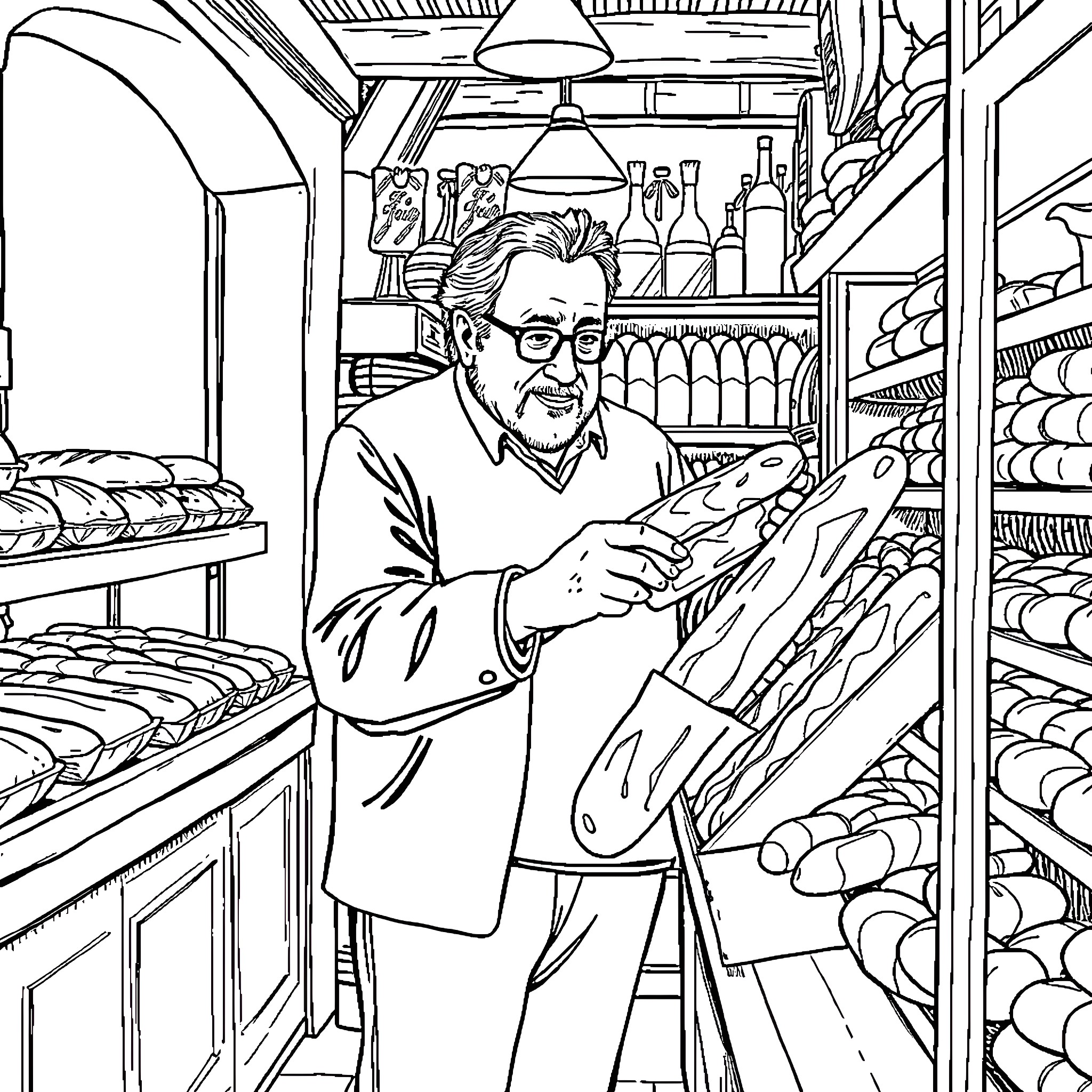 Noam Chomsky examining items in a grocery store Coloring Page (free black-and-white line drawing printable PDF for all, from beginners to advanced learners, including children, teens, adults, and seniors)