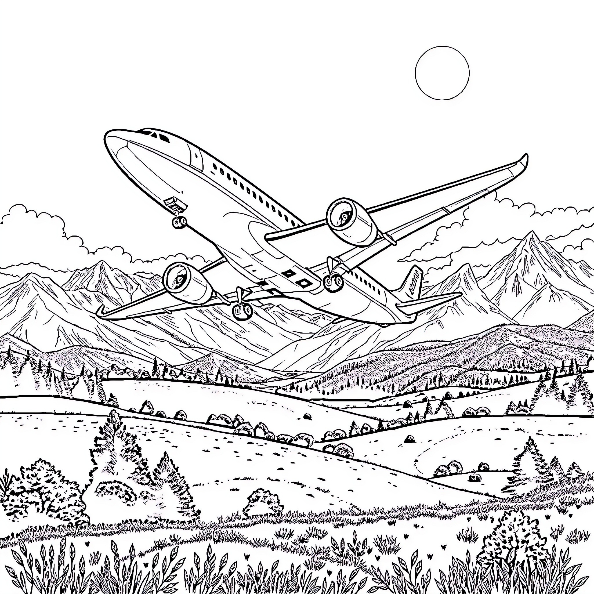 Airplane soaring over scenic mountain landscape Coloring Page (free black-and-white line drawing printable PDF for all, from beginners to advanced learners, including children, teens, adults, and seniors)