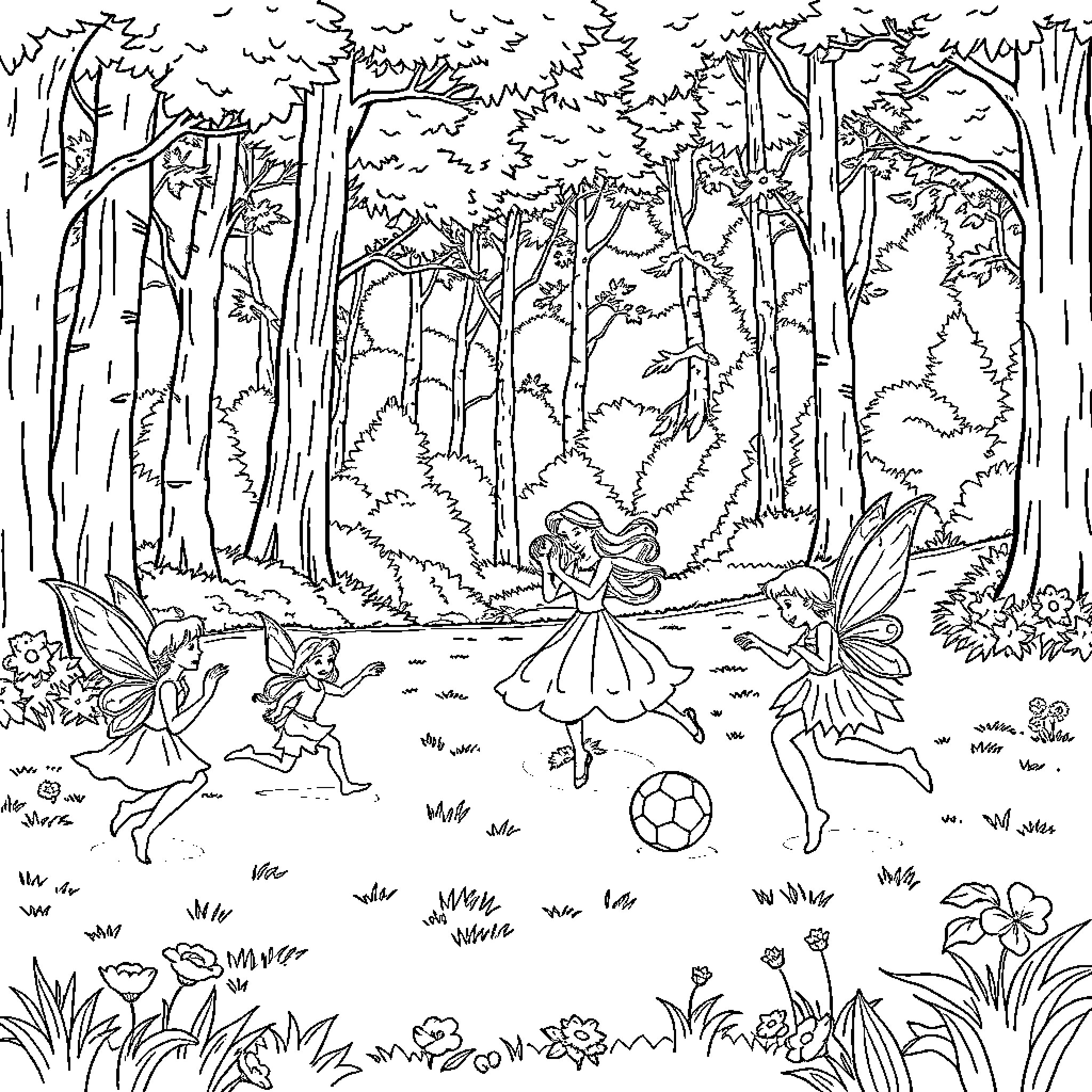 Sleeping Beauty's Enchanted Forest Adventure Coloring Page (free black-and-white line drawing printable PDF for all, from beginners to advanced learners, including children, teens, adults, and seniors)