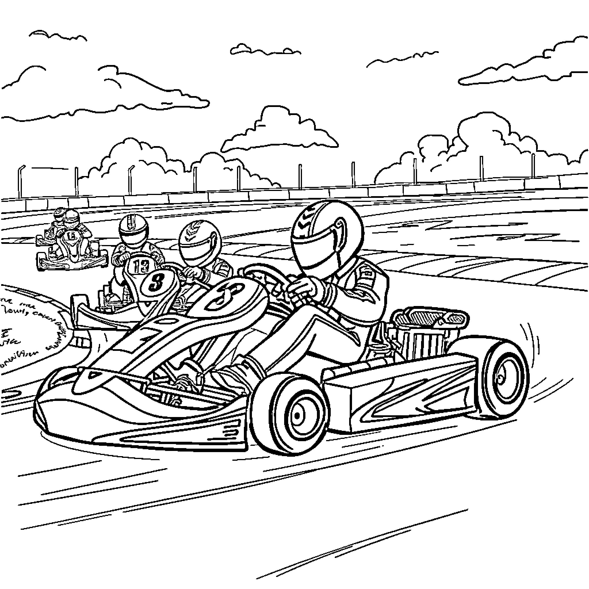 Mario Kart Racers Speeding Through City Streets Coloring Page (free black-and-white line drawing printable PDF for all, from beginners to advanced learners, including children, teens, adults, and seniors)