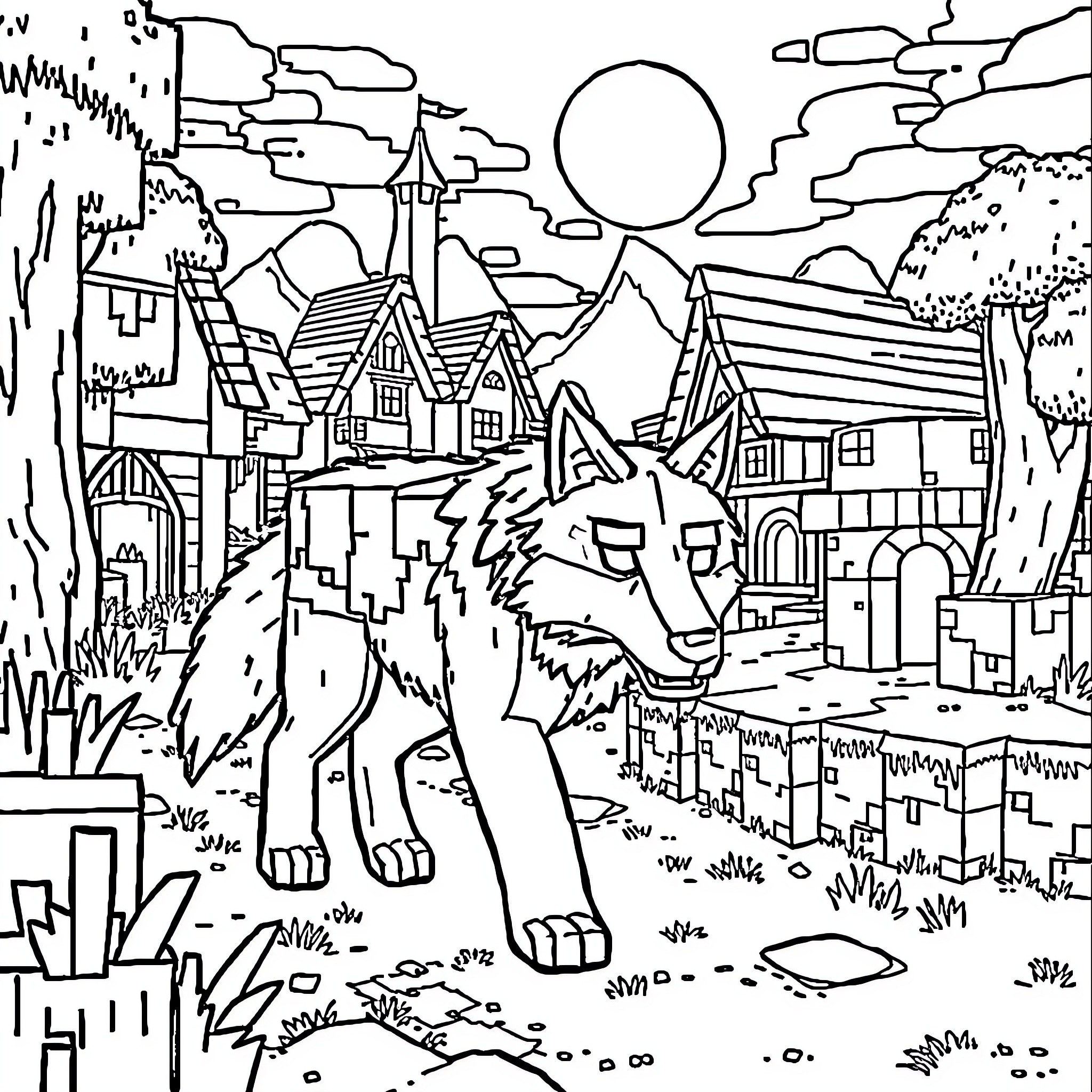 Wolf surveying a quaint village at sunset Coloring Page (free black-and-white line drawing printable PDF for all, from beginners to advanced learners, including children, teens, adults, and seniors)