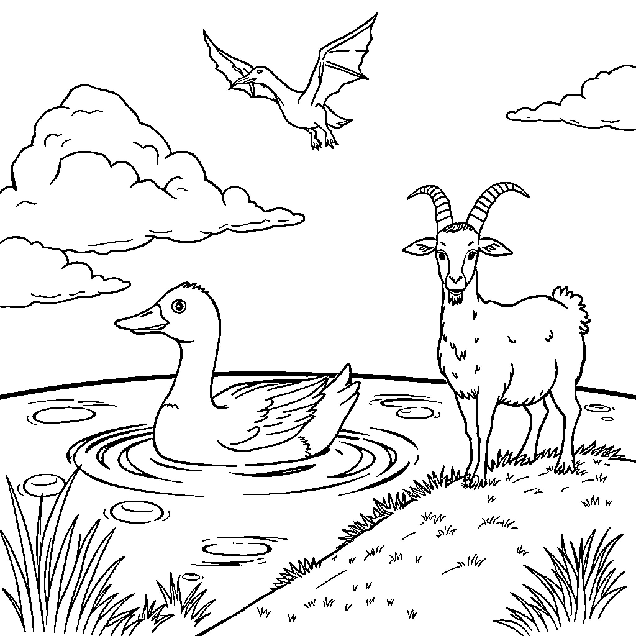 Duck swimming in the pond with flying bat and goat Coloring Page (free black-and-white line drawing printable PDF for all, from beginners to advanced learners, including children, teens, adults, and seniors)
