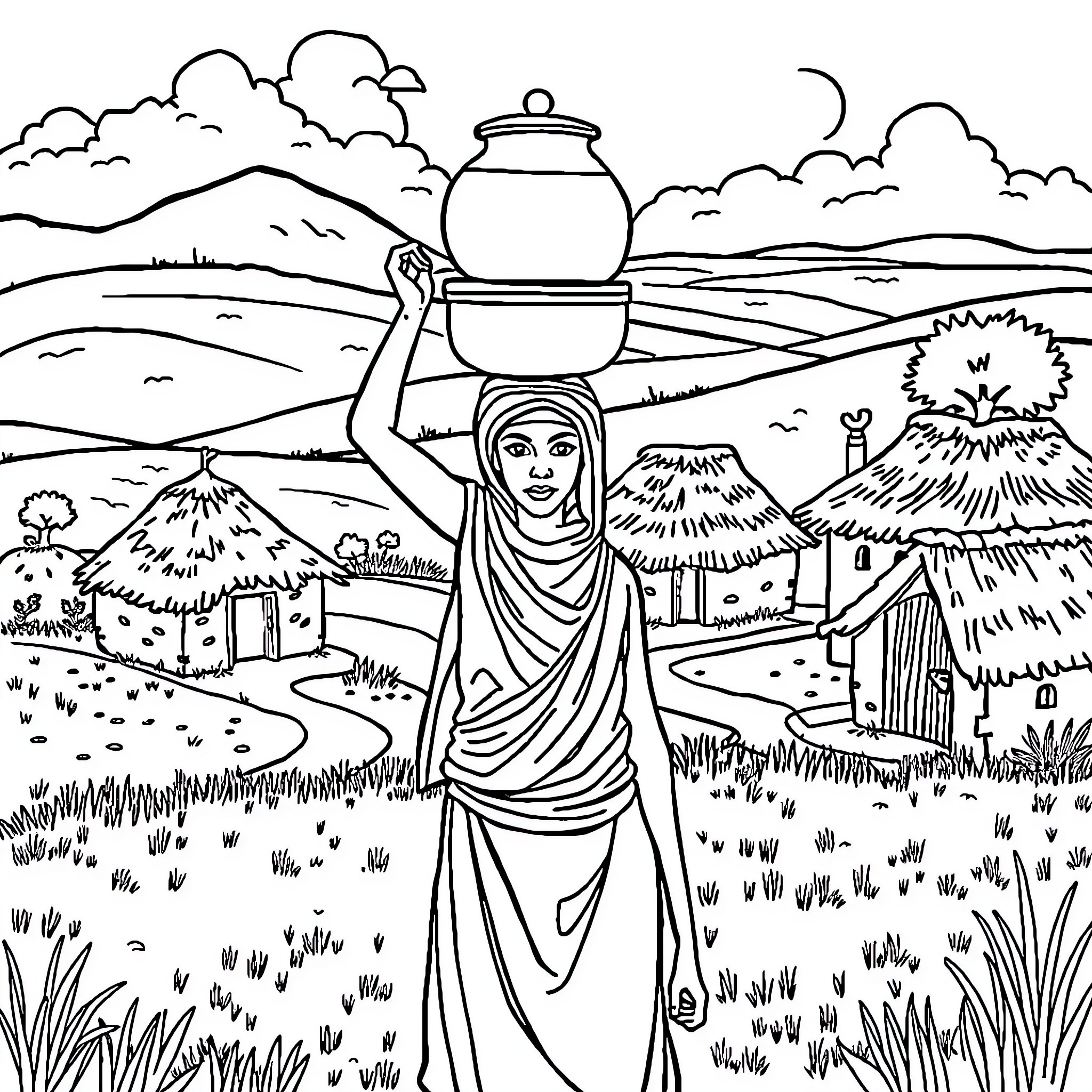 Woman carrying a pot in a rural landscape Coloring Page (free black-and-white line drawing printable PDF for all, from beginners to advanced learners, including children, teens, adults, and seniors)