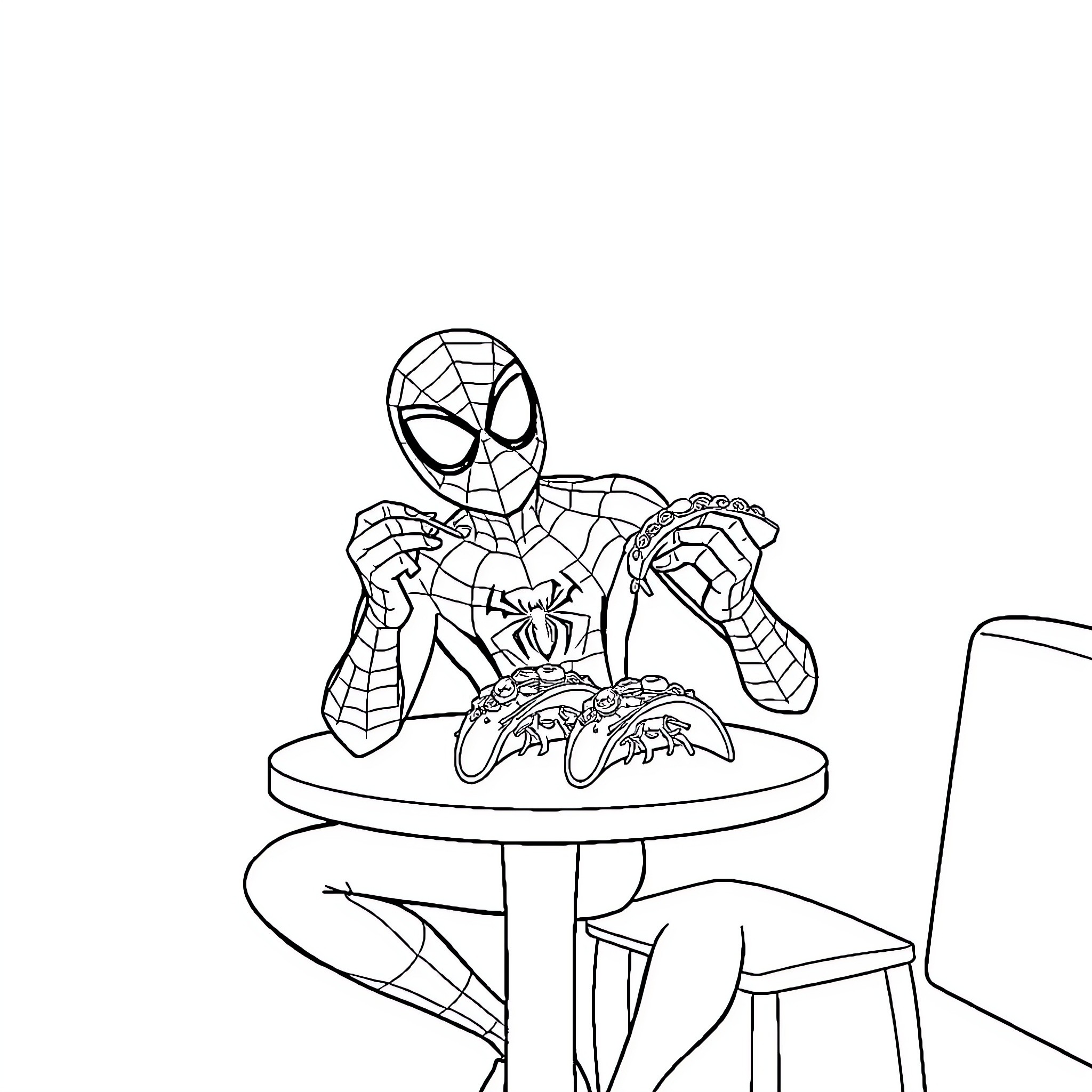 Spiderman playing with his webbing on a table Coloring Page (free black-and-white line drawing printable PDF for all, from beginners to advanced learners, including children, teens, adults, and seniors)