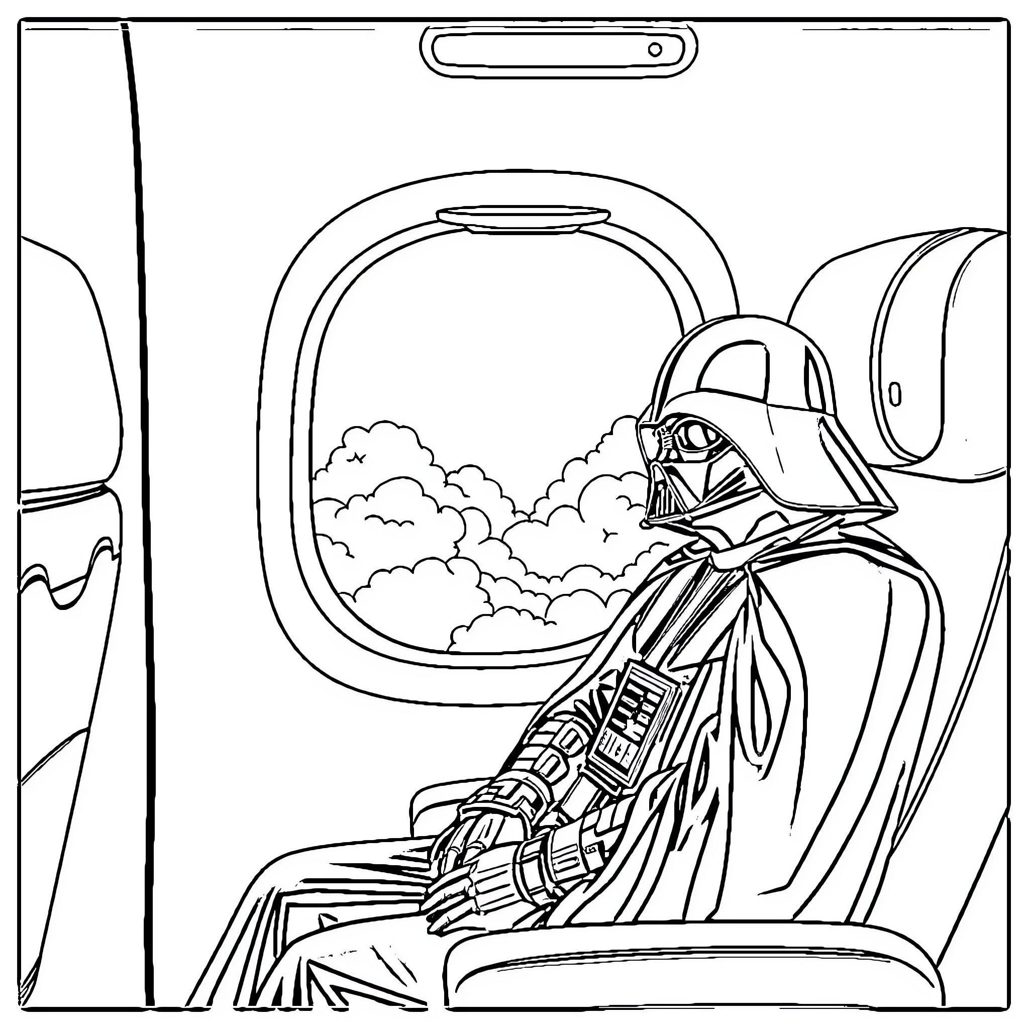 Darth Vader contemplating the landscape through the window Coloring Page (free black-and-white line drawing printable PDF for all, from beginners to advanced learners, including children, teens, adults, and seniors)