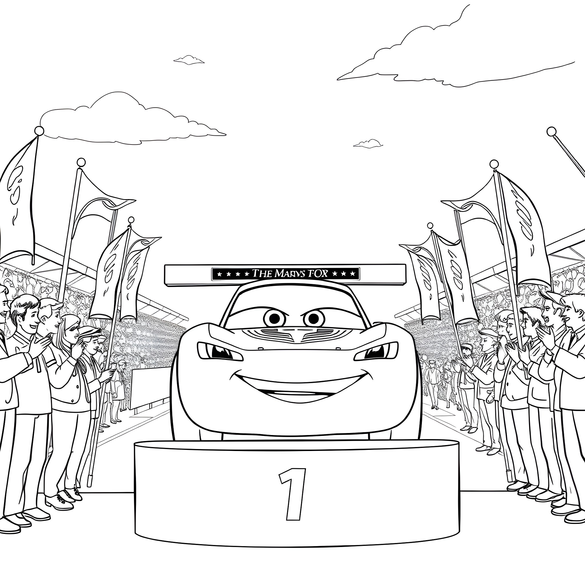 Lightning McQueen wins a racing competition Coloring Page (free black-and-white line drawing printable PDF for all, from beginners to advanced learners, including children, teens, adults, and seniors)
