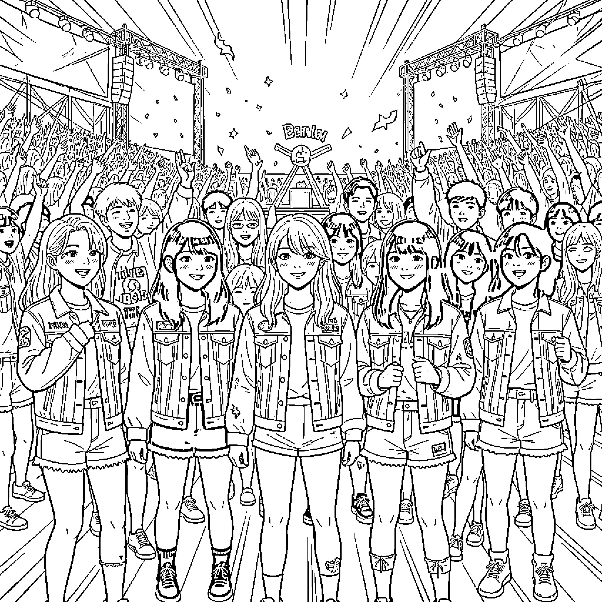 Kpop Denim Hunter group posing in front of crowd Coloring Page (free black-and-white line drawing printable PDF for all, from beginners to advanced learners, including children, teens, adults, and seniors)