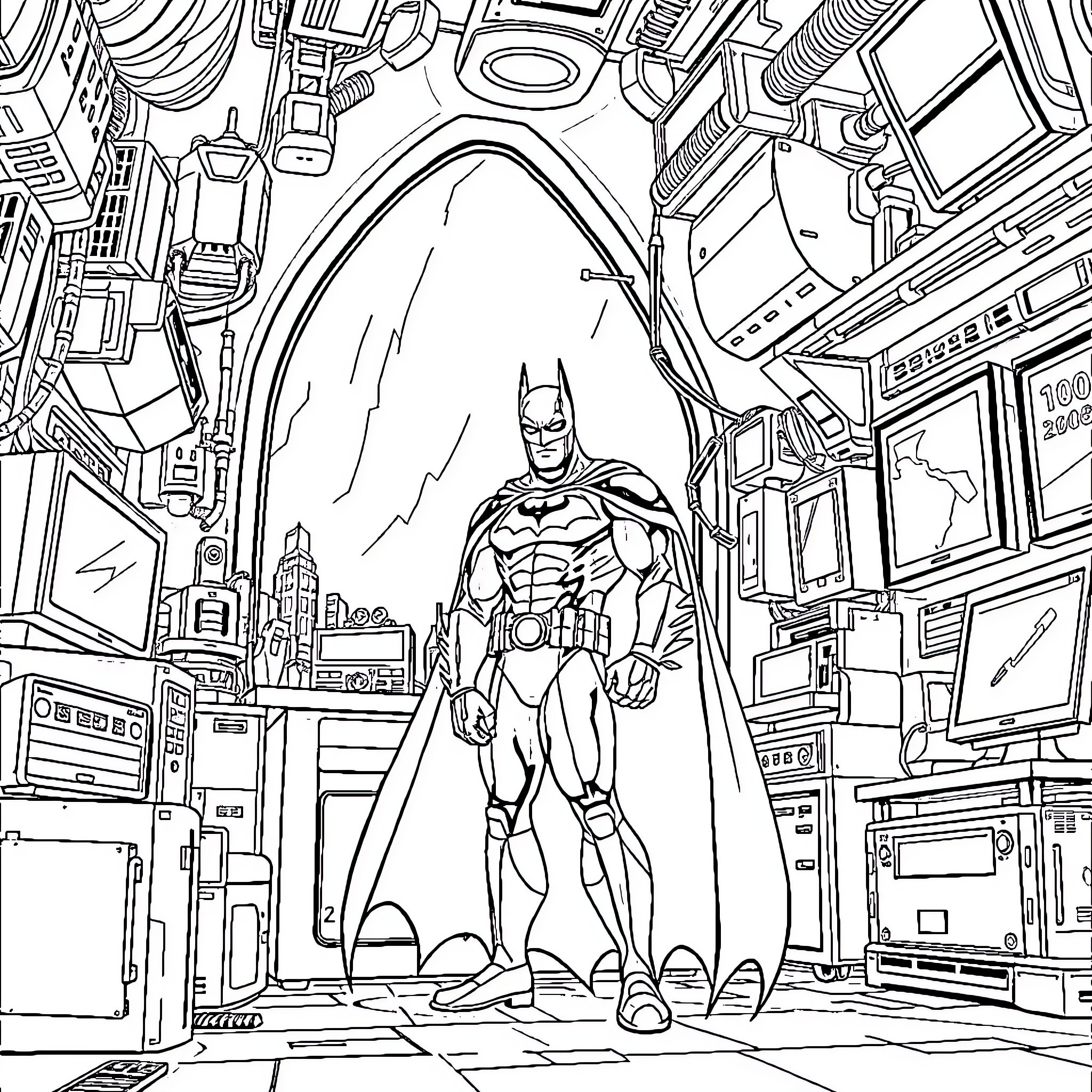 Batman Stands Tall in the Futuristic City Coloring Page (free black-and-white line drawing printable PDF for all, from beginners to advanced learners, including children, teens, adults, and seniors)
