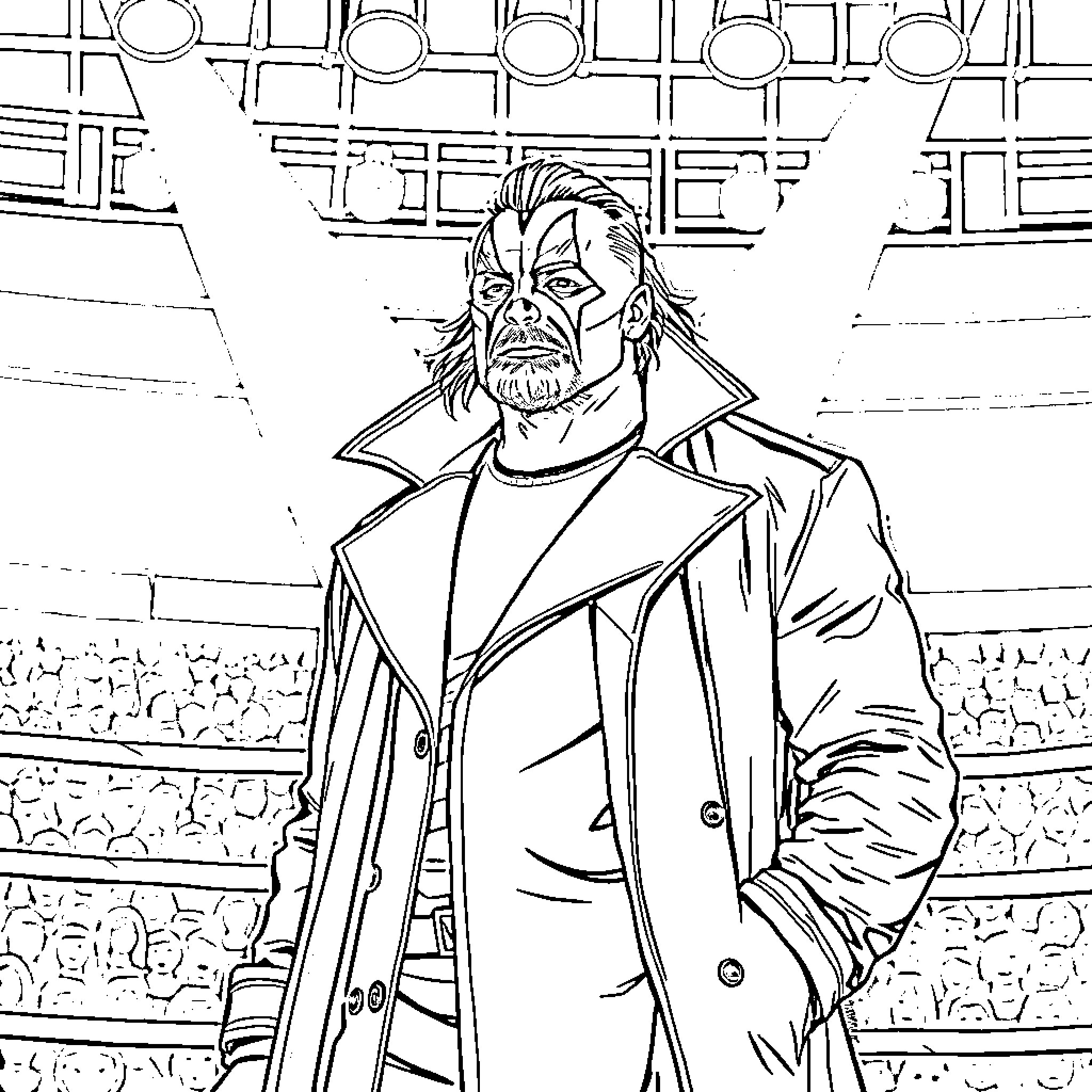 Sting: Determined Performer on Stage Coloring Page (free black-and-white line drawing printable PDF for all, from beginners to advanced learners, including children, teens, adults, and seniors)