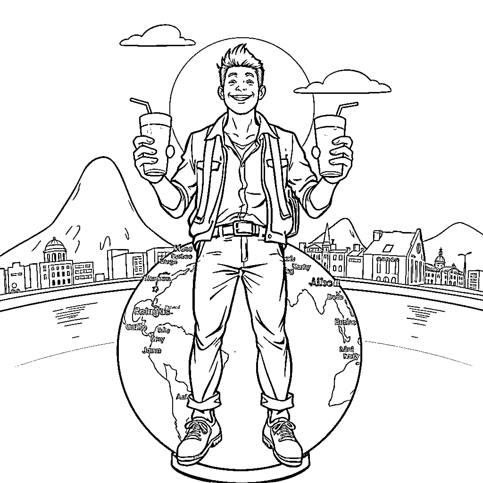 Traveler Exploring the World with Enthusiasm Coloring Page (free black-and-white line drawing printable PDF for all, from beginners to advanced learners, including children, teens, adults, and seniors)