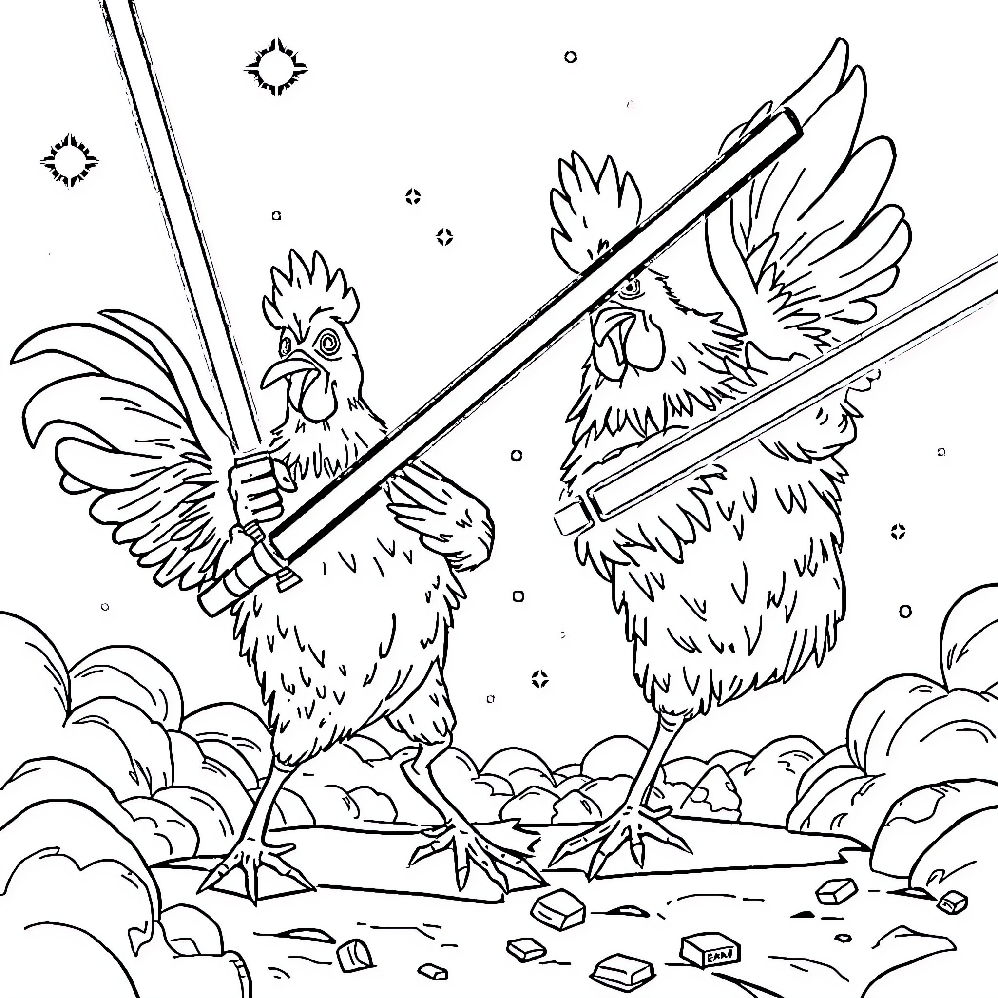 Chicken guards standing vigilantly on rocky terrain Coloring Page (free black-and-white line drawing printable PDF for all, from beginners to advanced learners, including children, teens, adults, and seniors)