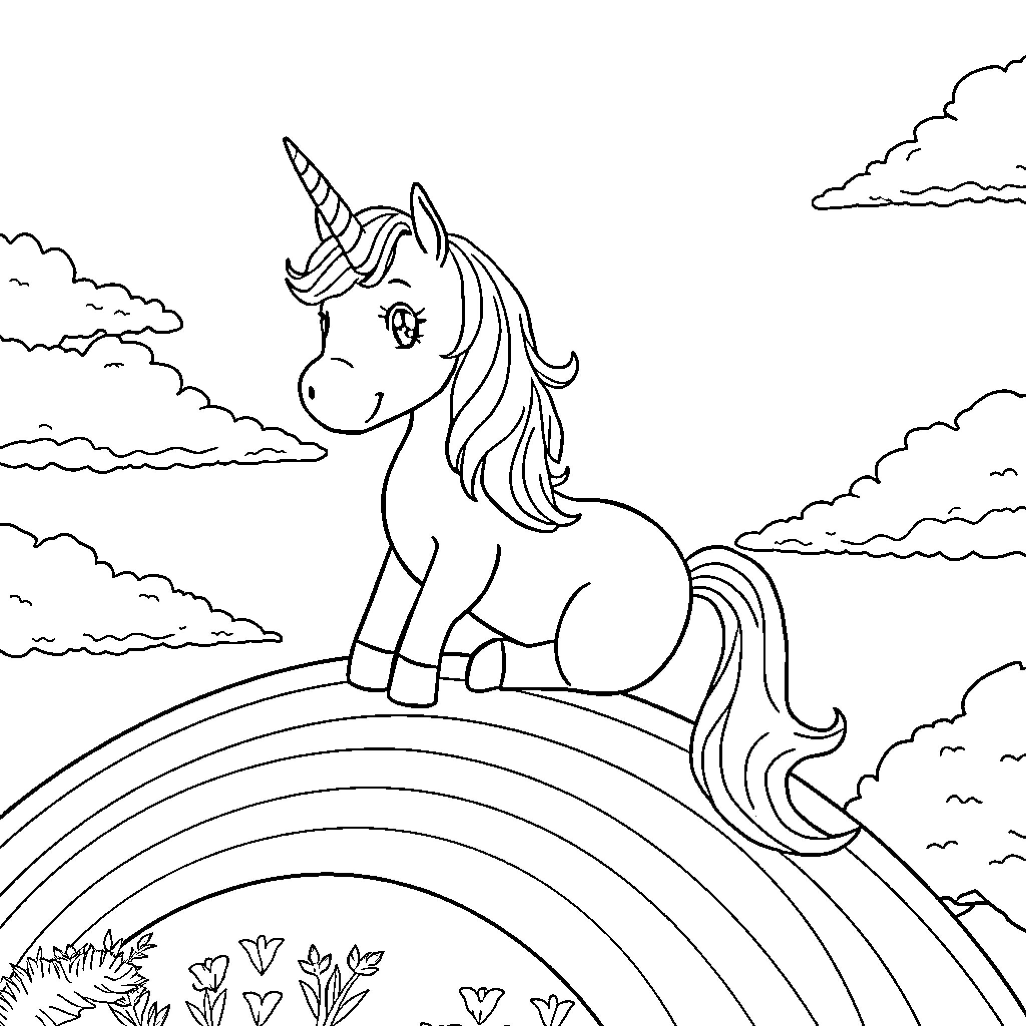 Unicorn resting on a vibrant rainbow Coloring Page (free black-and-white line drawing printable PDF for all, from beginners to advanced learners, including children, teens, adults, and seniors)