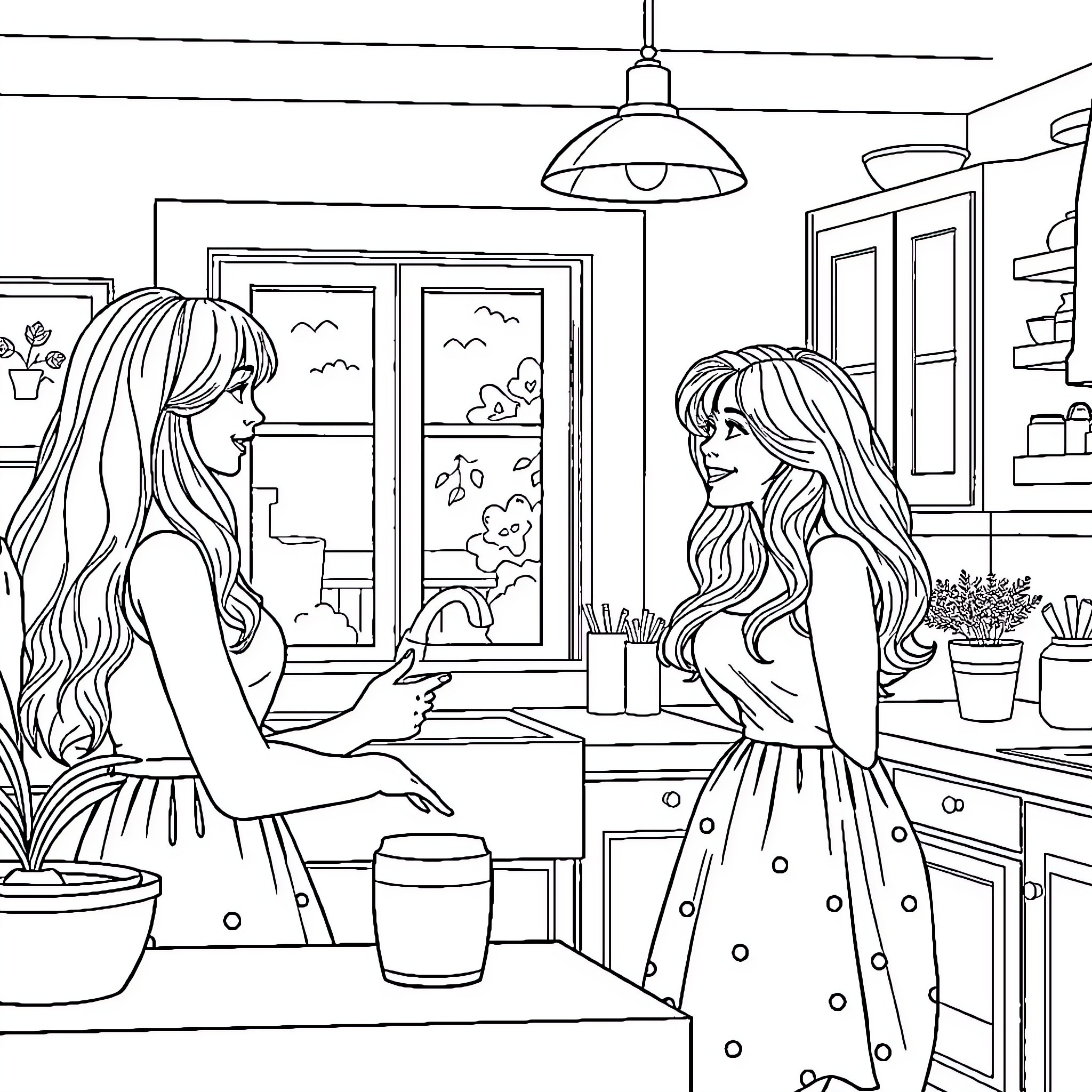 Girls Chatting in Cozy Kitchen Coloring Page (free black-and-white line drawing printable PDF for all, from beginners to advanced learners, including children, teens, adults, and seniors)