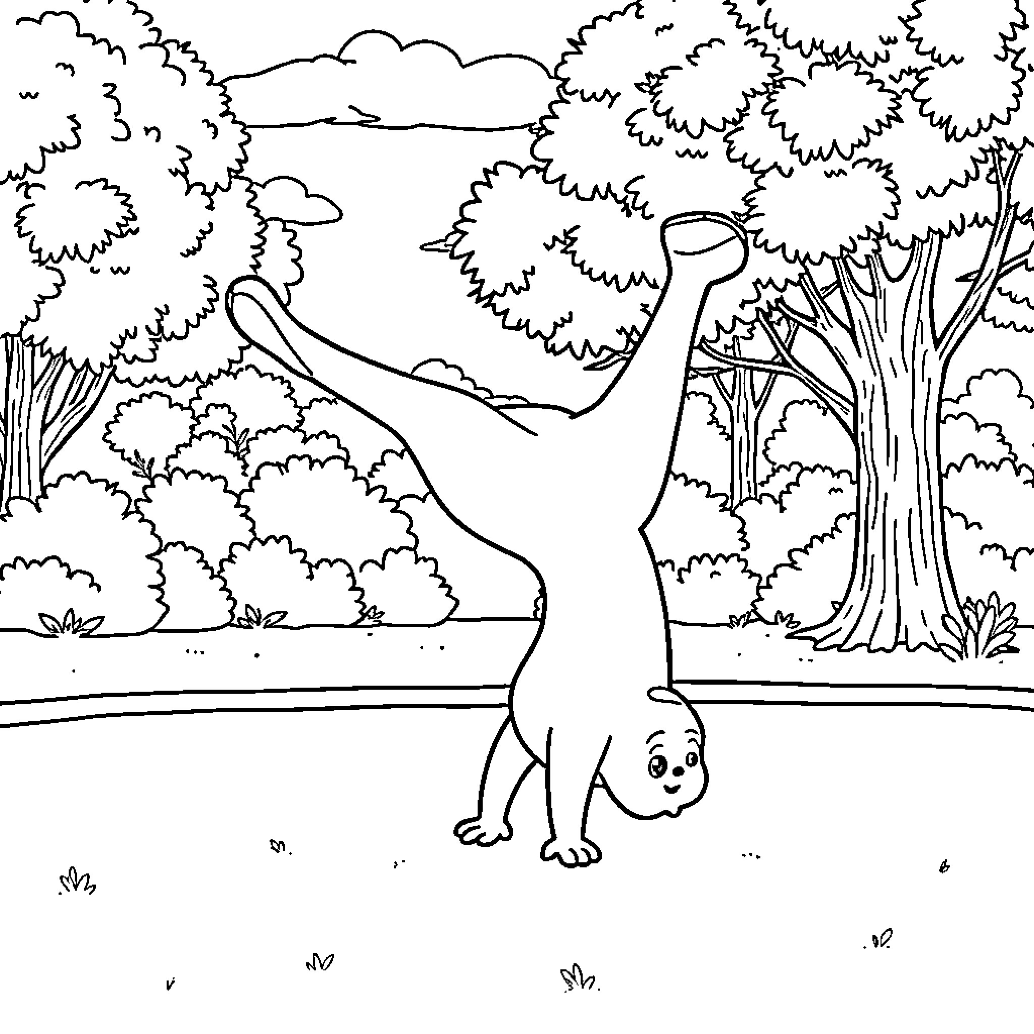 Labubu playing upside down in the forest Coloring Page (free black-and-white line drawing printable PDF for all, from beginners to advanced learners, including children, teens, adults, and seniors)