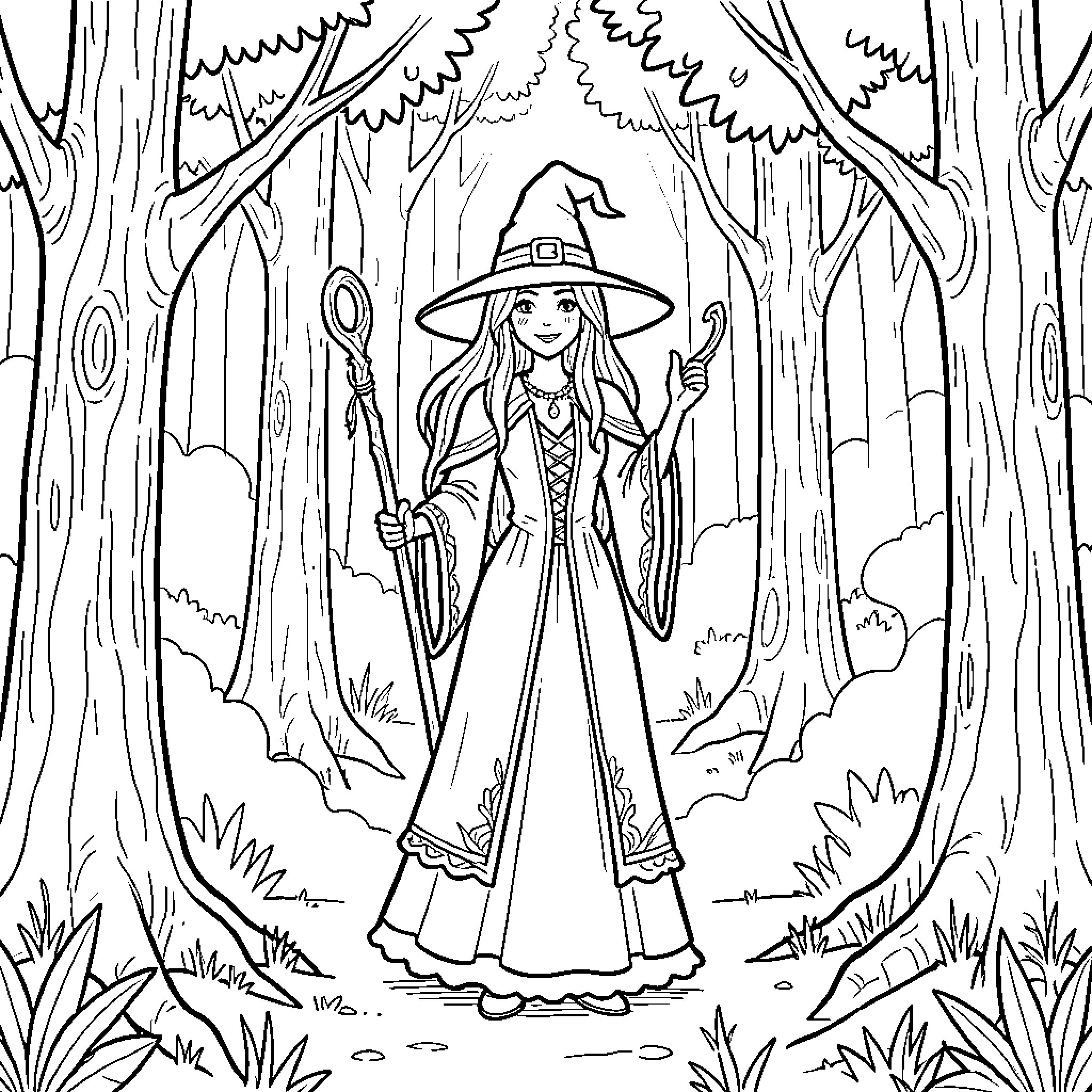 Witch holding a staff in a magical forest Coloring Page (free black-and-white line drawing printable PDF for all, from beginners to advanced learners, including children, teens, adults, and seniors)