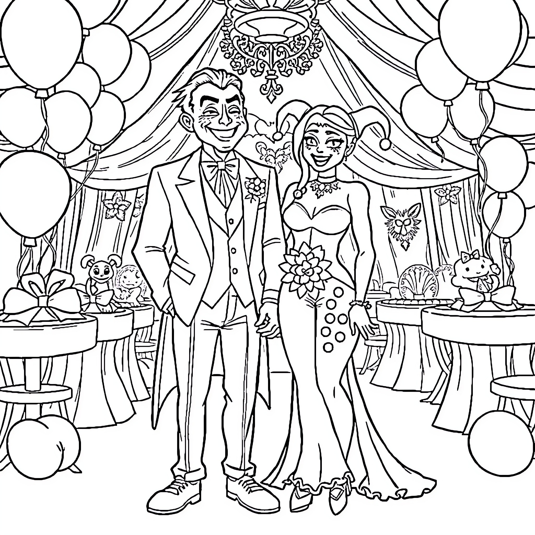 Joker couple at whimsical carnival-themed wedding Coloring Page (free black-and-white line drawing printable PDF for all, from beginners to advanced learners, including children, teens, adults, and seniors)