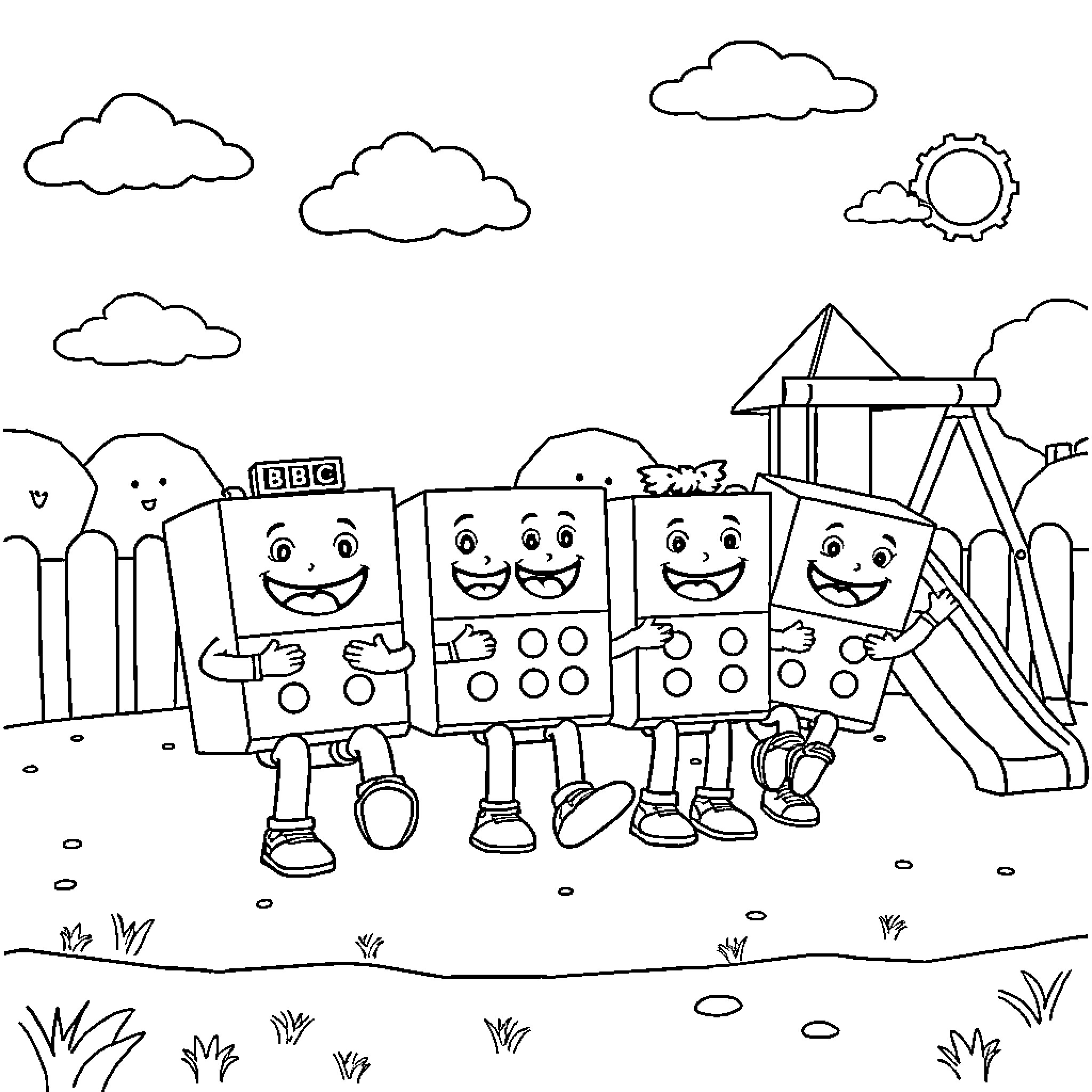 Numberblocks playing together in a playful scene Coloring Page (free black-and-white line drawing printable PDF for all, from beginners to advanced learners, including children, teens, adults, and seniors)