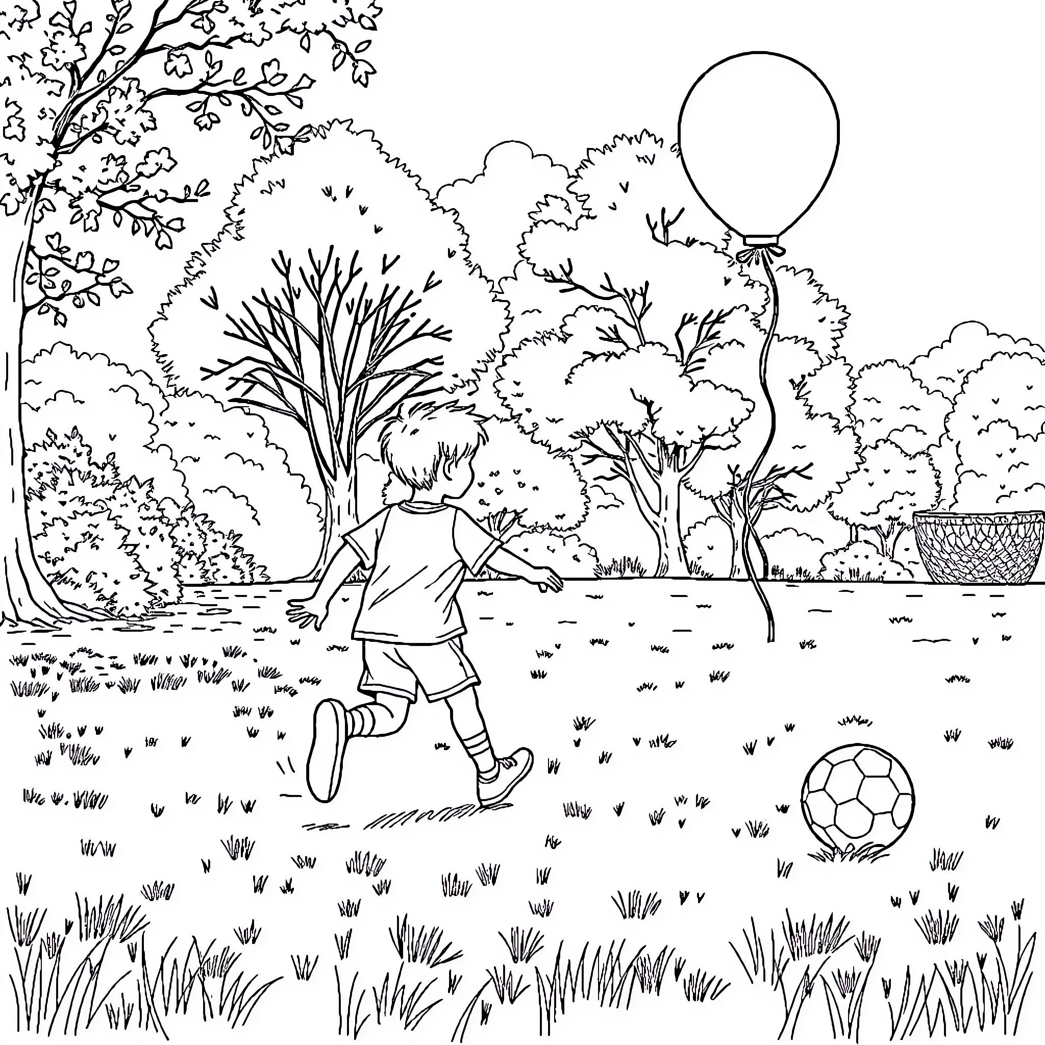 Child playing happily with ball in the park Coloring Page (free black-and-white line drawing printable PDF for all, from beginners to advanced learners, including children, teens, adults, and seniors)