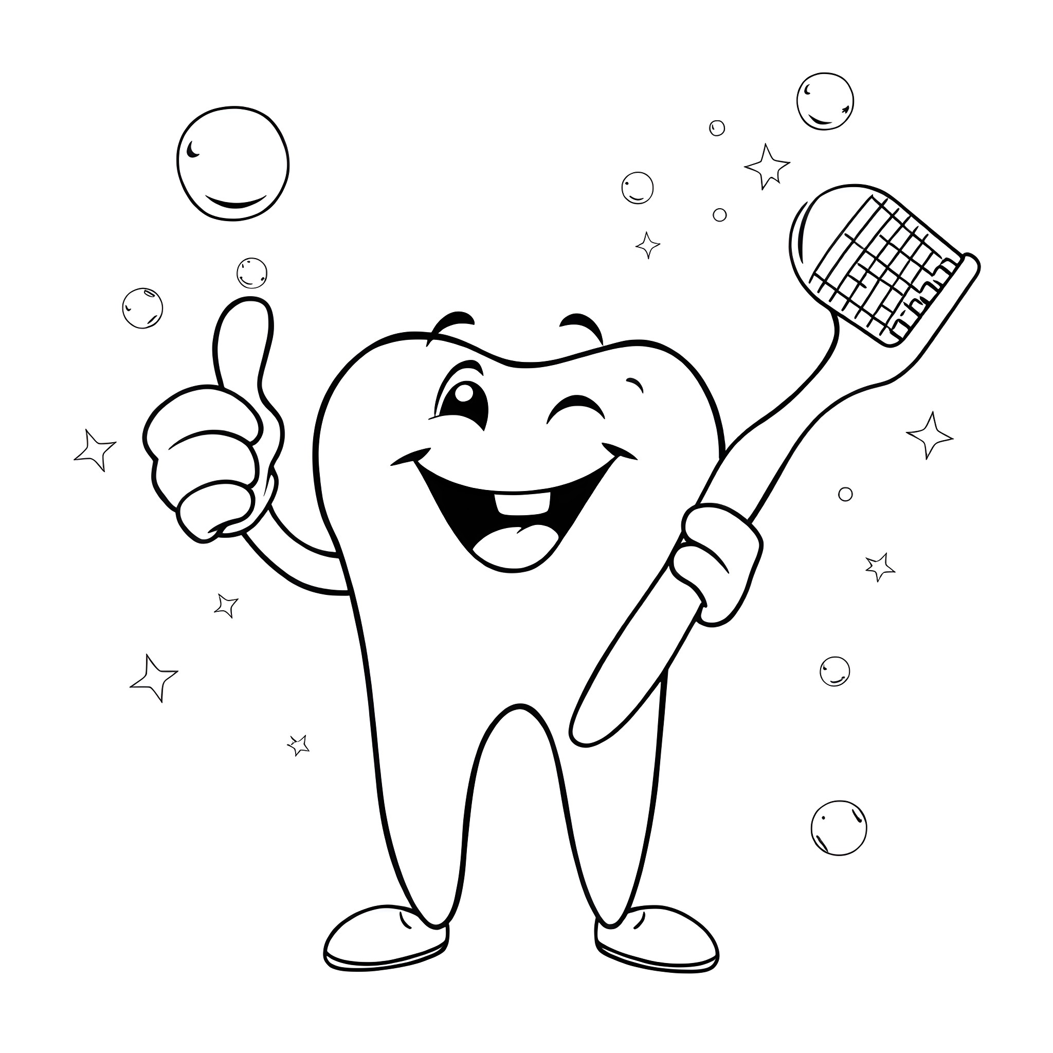 Tooth Brushing Happily with Bubbles and Stars Coloring Page (free black-and-white line drawing printable PDF for all, from beginners to advanced learners, including children, teens, adults, and seniors)