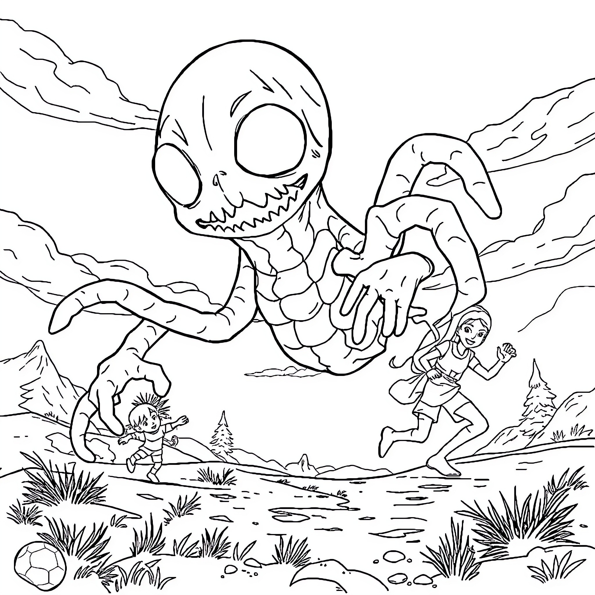 Enderman menacing creature chasing terrified person in forest Coloring Page (free black-and-white line drawing printable PDF for all, from beginners to advanced learners, including children, teens, adults, and seniors)