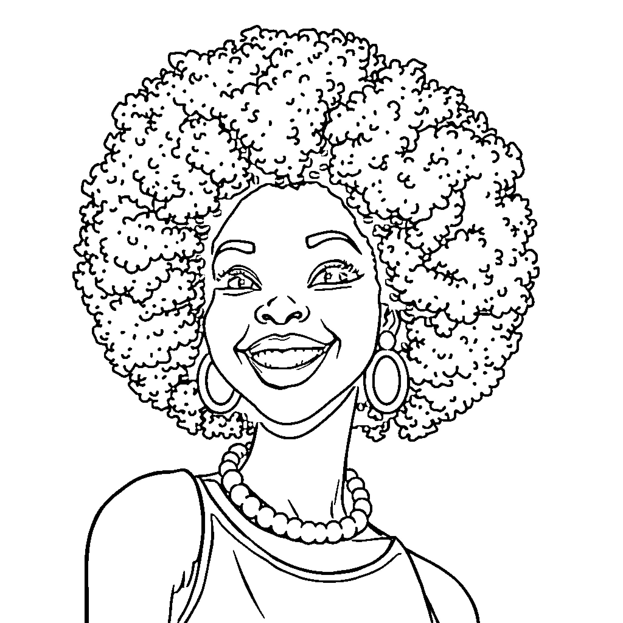 Woman with vibrant curly hair and radiant smile Coloring Page (free black-and-white line drawing printable PDF for all, from beginners to advanced learners, including children, teens, adults, and seniors)