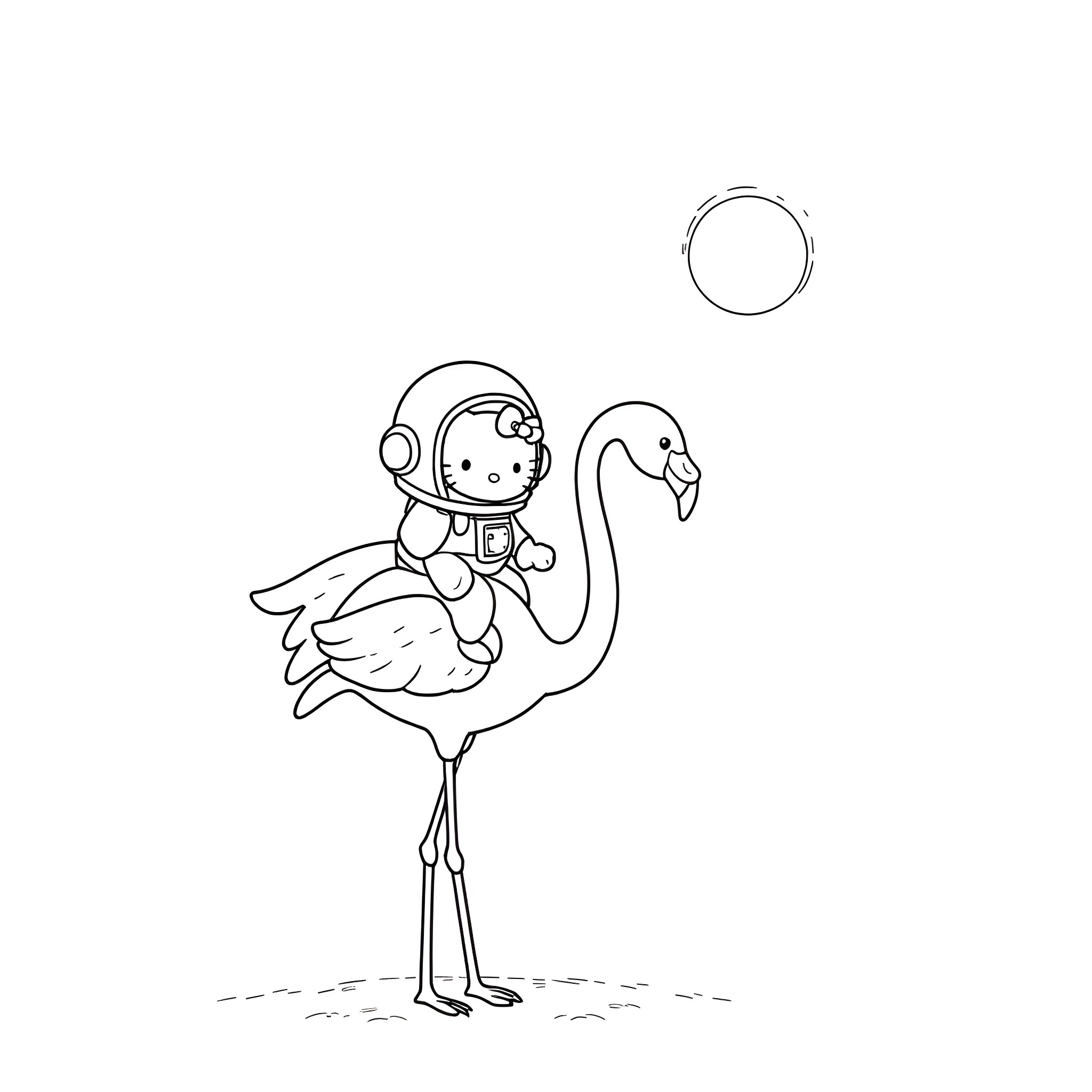 Hello Kitty riding a flamingo in the sky Coloring Page (free black-and-white line drawing printable PDF for all, from beginners to advanced learners, including children, teens, adults, and seniors)