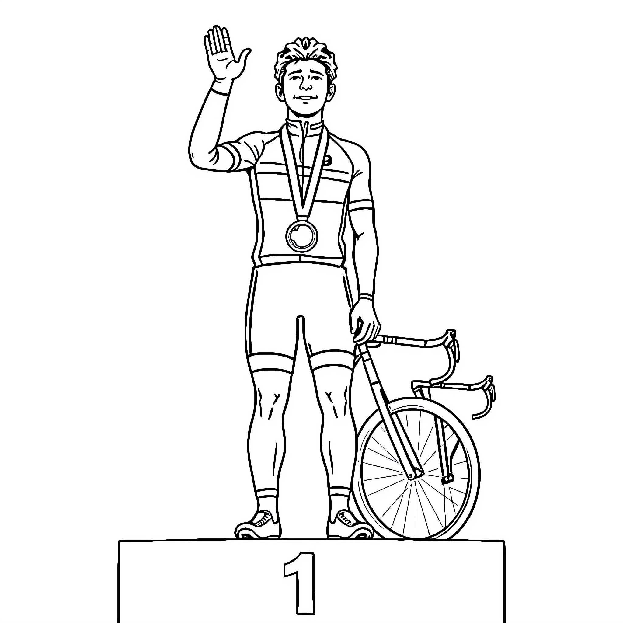 Mathieu van der Poel celebrating victory on the podium Coloring Page (free black-and-white line drawing printable PDF for all, from beginners to advanced learners, including children, teens, adults, and seniors)